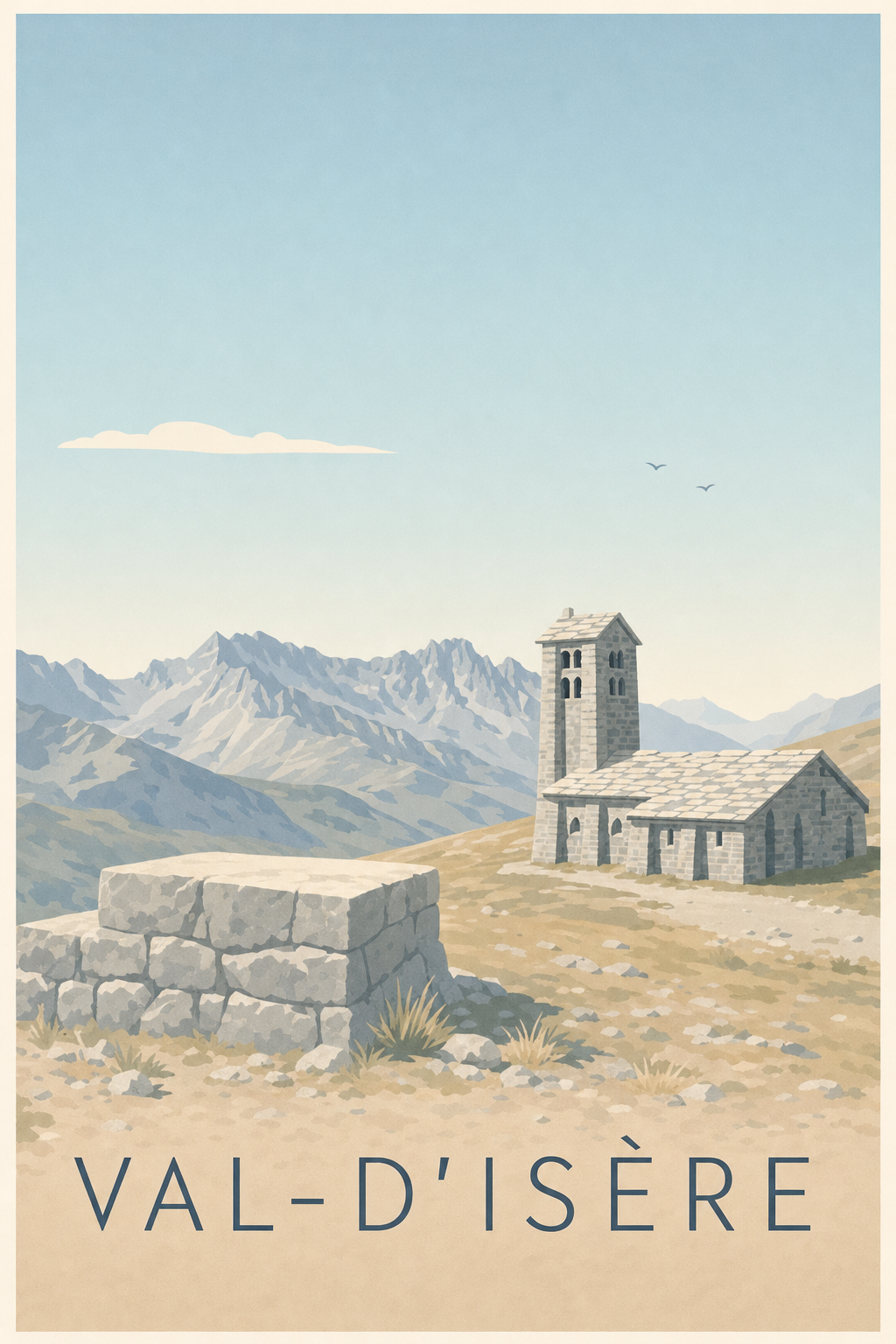 Affiche de Val-d'Isère, poster église de pierre