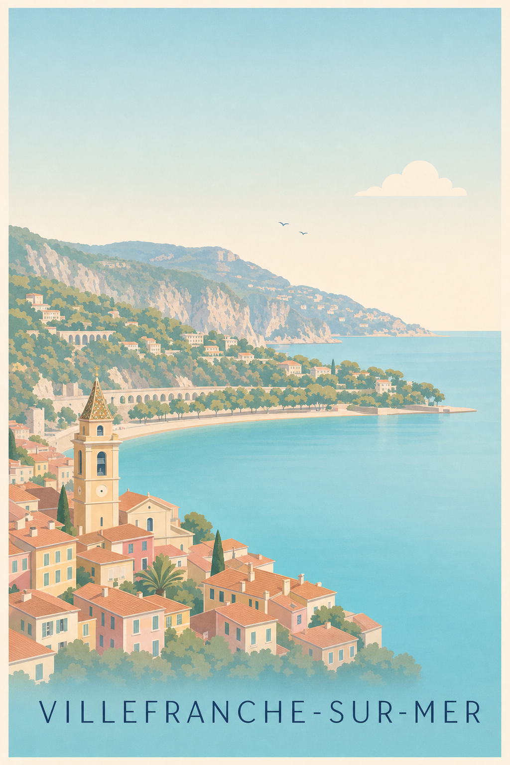 Affiche Villefranche-sur-Mer, poster clocher ocre