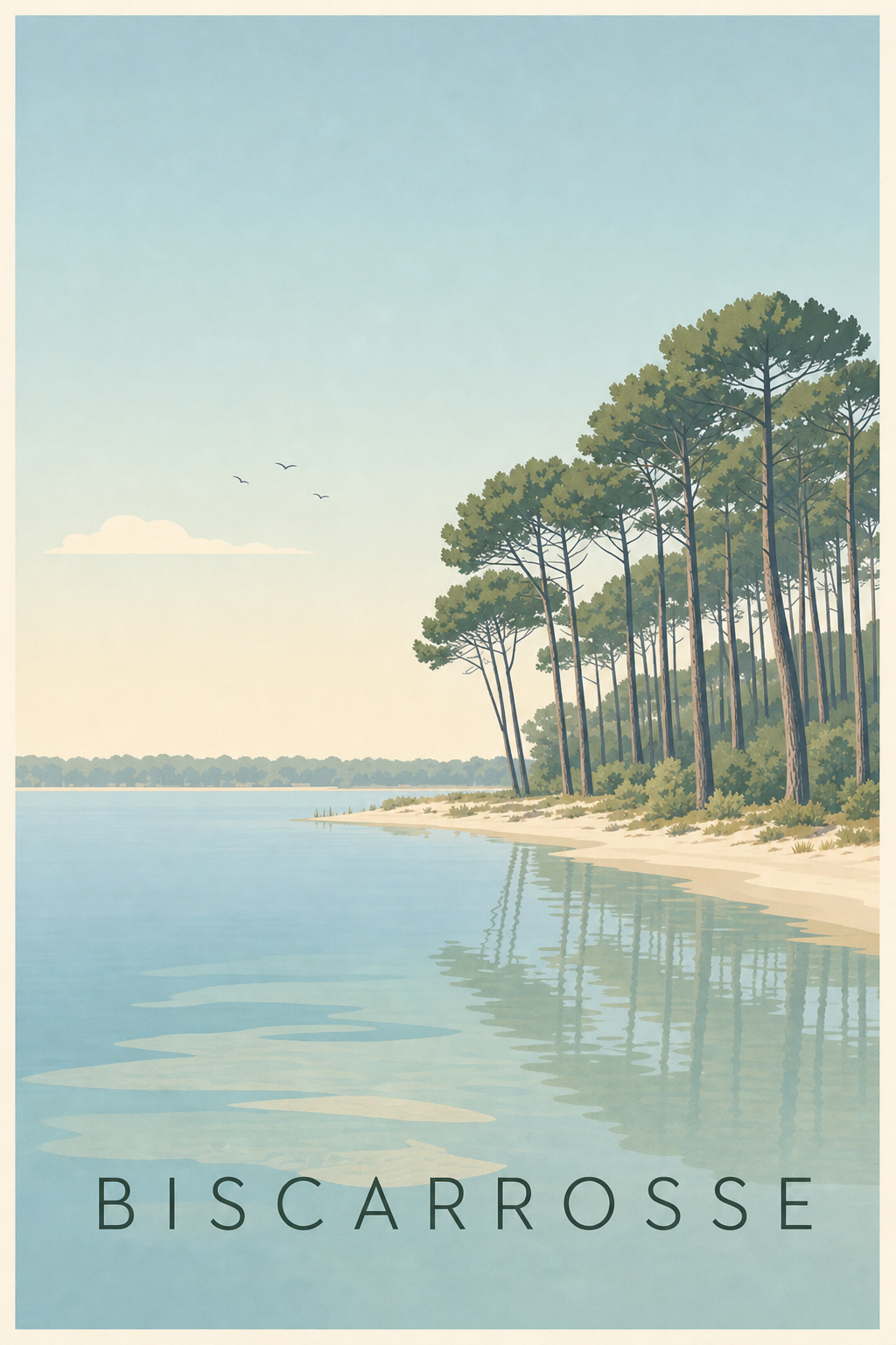 Affiche de Biscarrosse, poster forêt de pins et lac