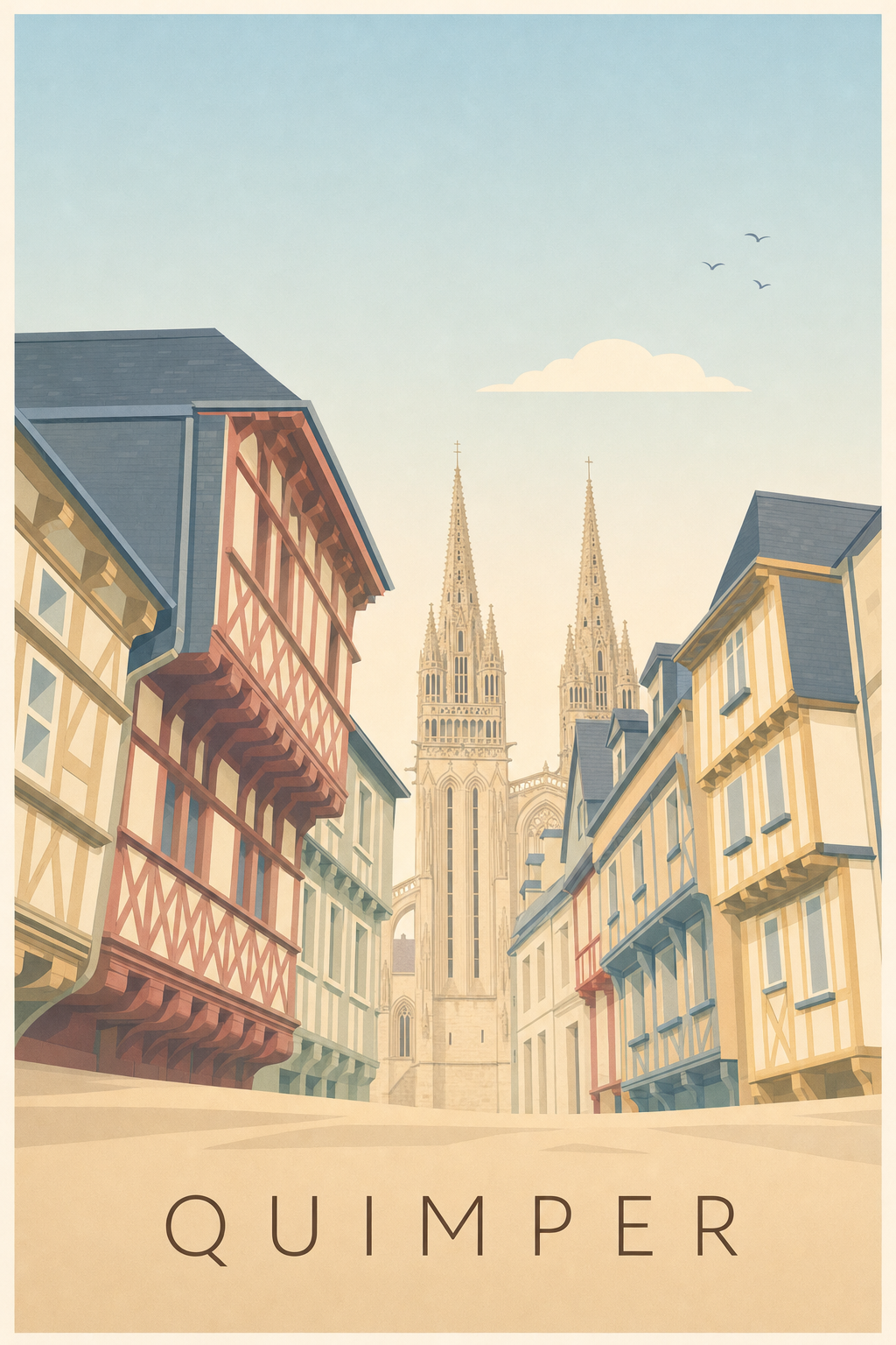 Affiche de Quimper, poster maisons à pans de bois