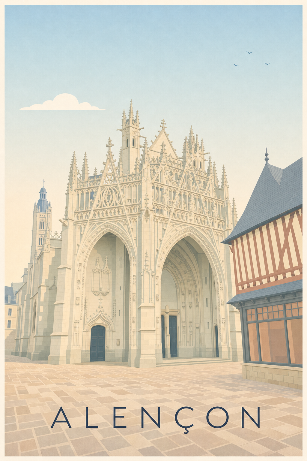 Affiche d'Alençon, poster Basilique et maison à pans de bois