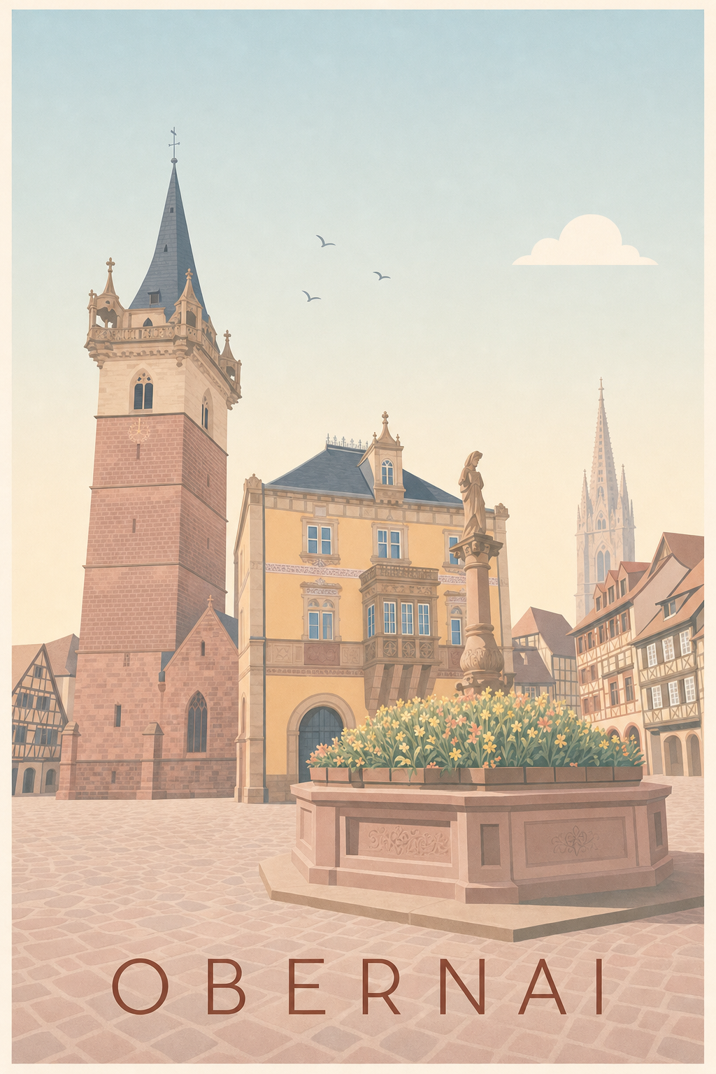 Affiche d'Obernai, poster du Beffroi et sa fontaine