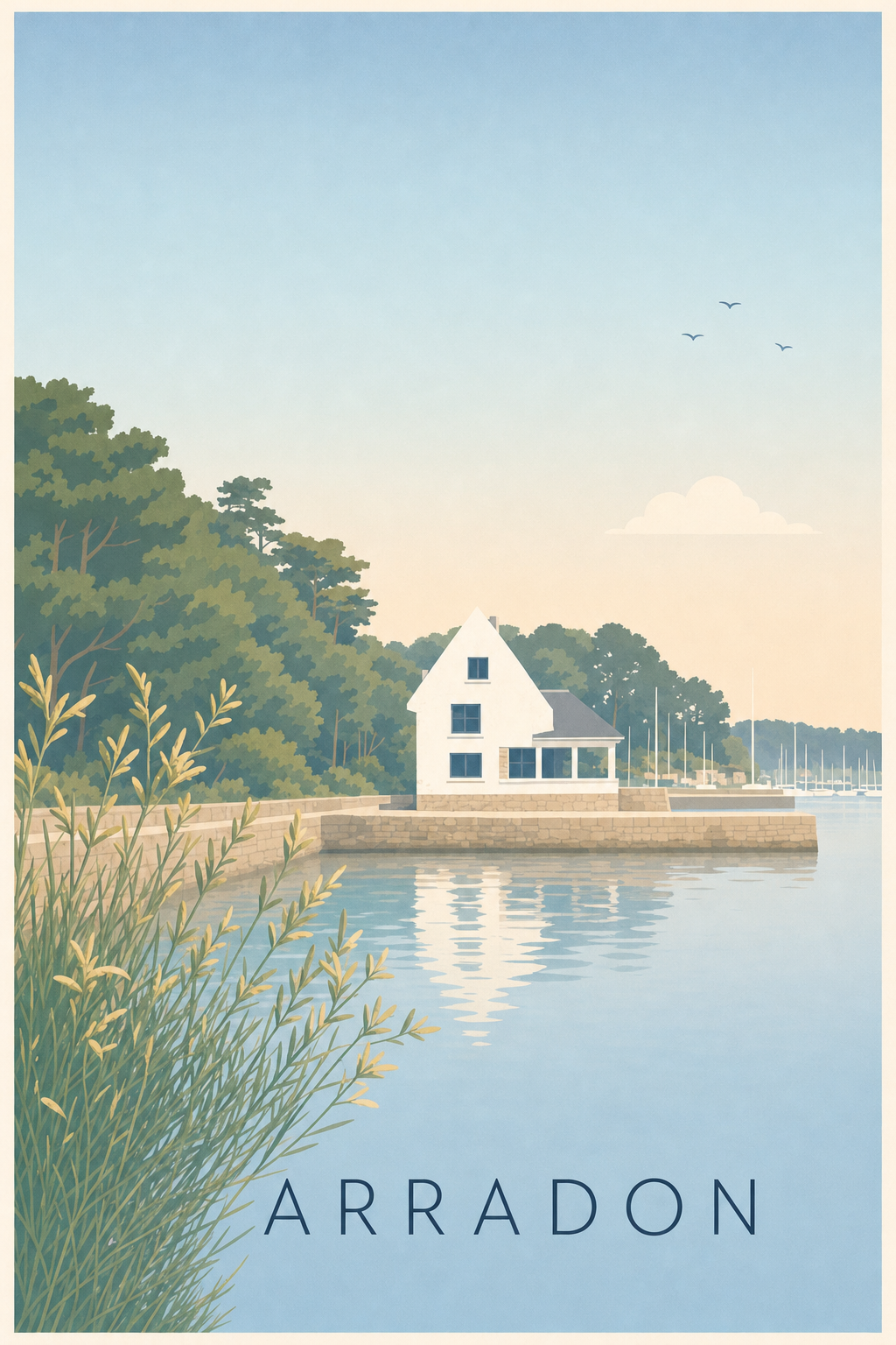Affiche d'Arradon, poster maison rose du port