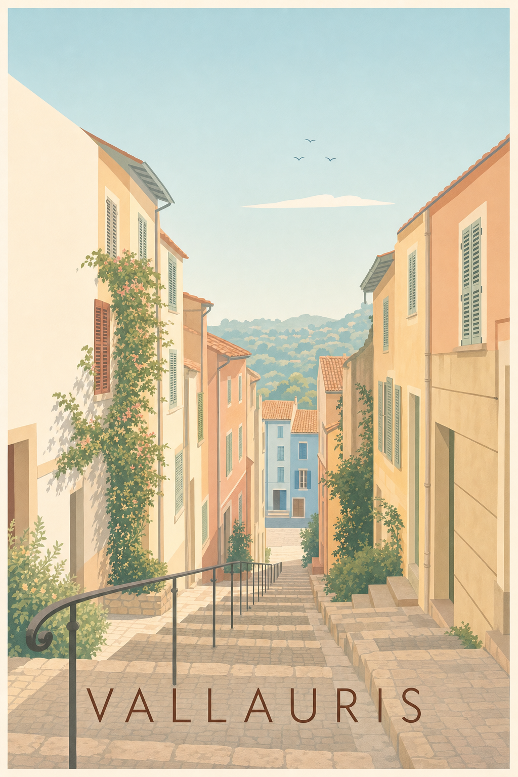 Affiche de Vallauris, ruelle fleurie vintage