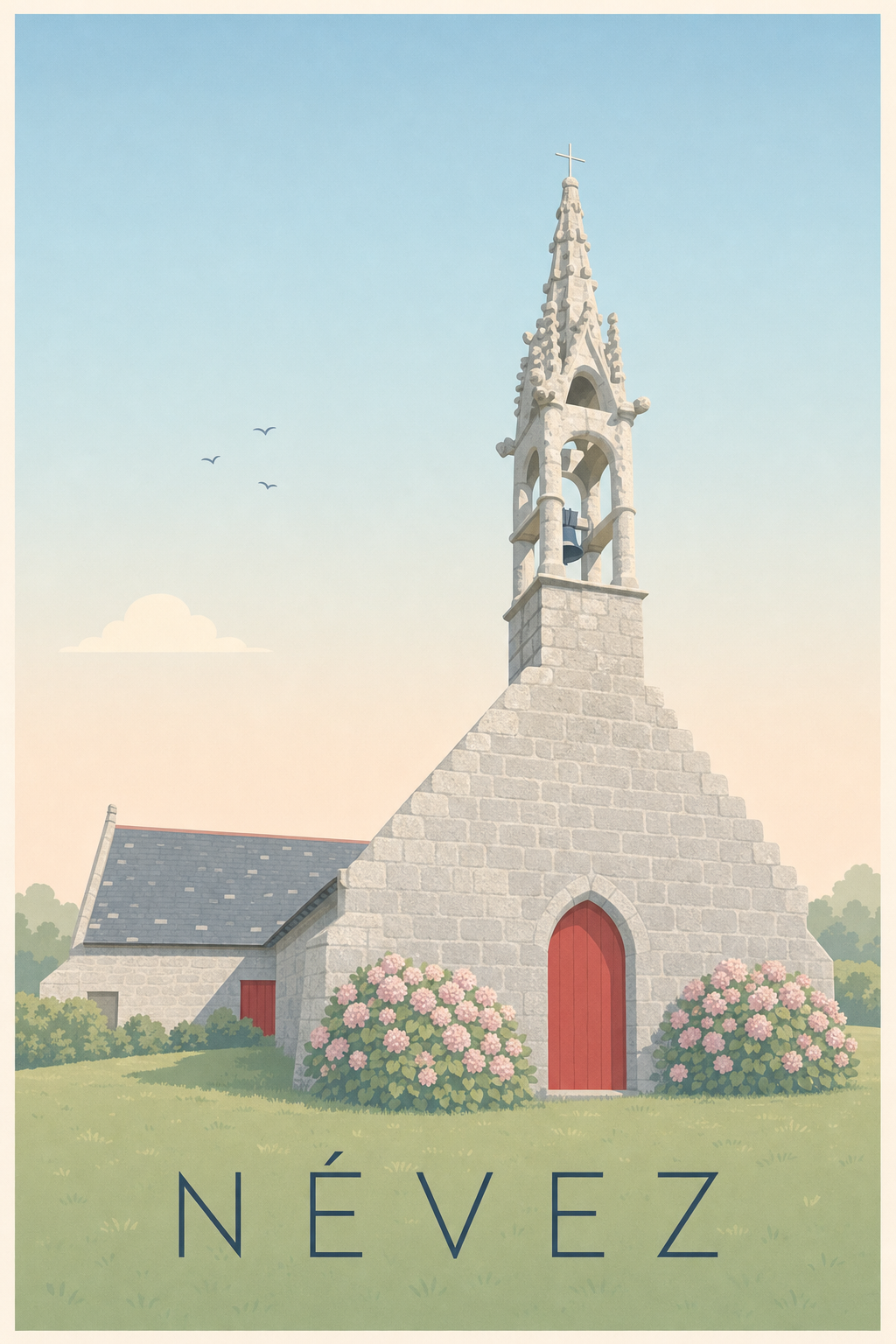 Affiche de Névez, poster chapelle et hortensias