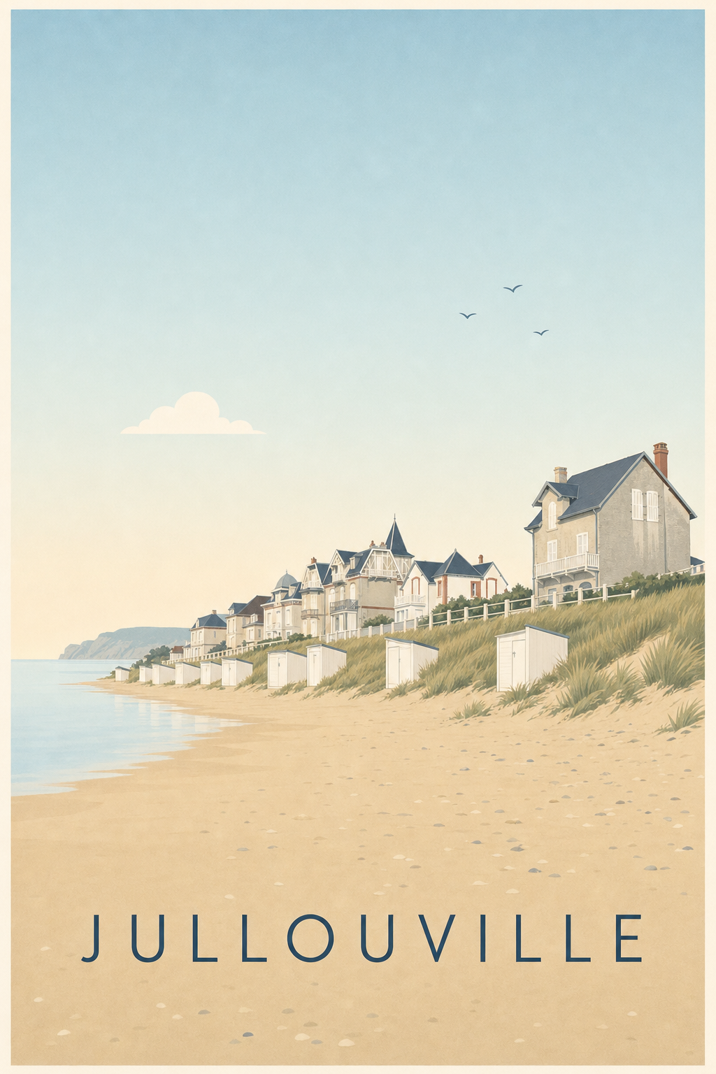 Affiche de Jullouville, cabines de plage et villas