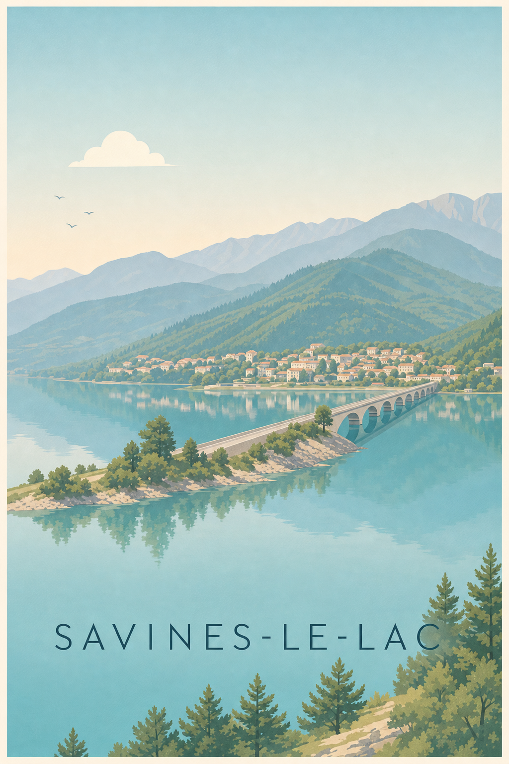 Affiche de Savines-le-Lac, poster pont et montagnes
