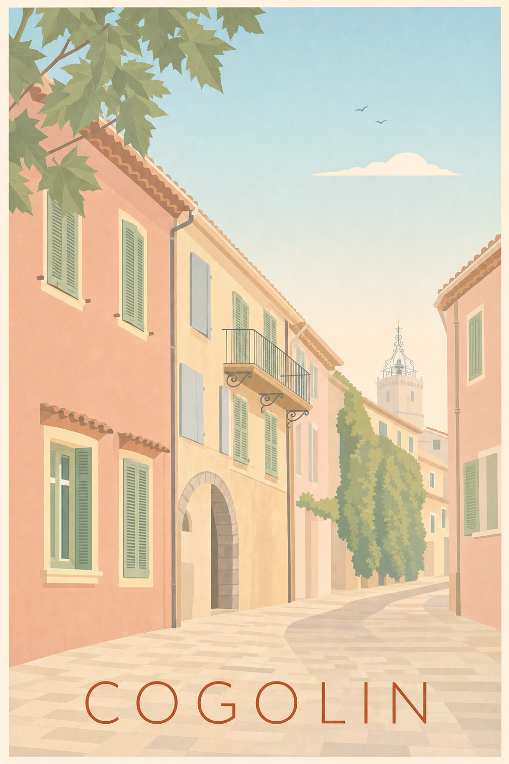 Affiche de Cogolin, poster façades ocres du Var