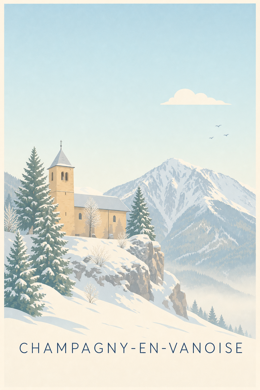 Affiche de Champagny-en-Vanoise, poster église enneigée