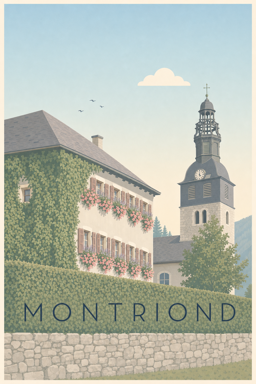 Affiche de Montriond, clocher à bulbe vintage