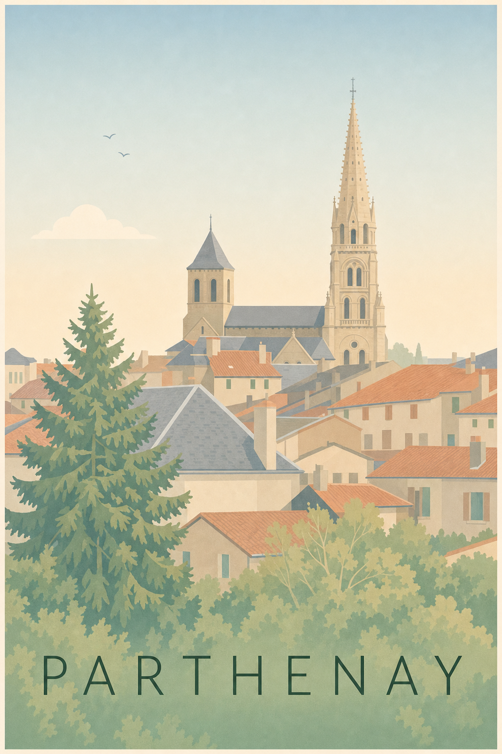 Affiche de Parthenay, poster église et toits