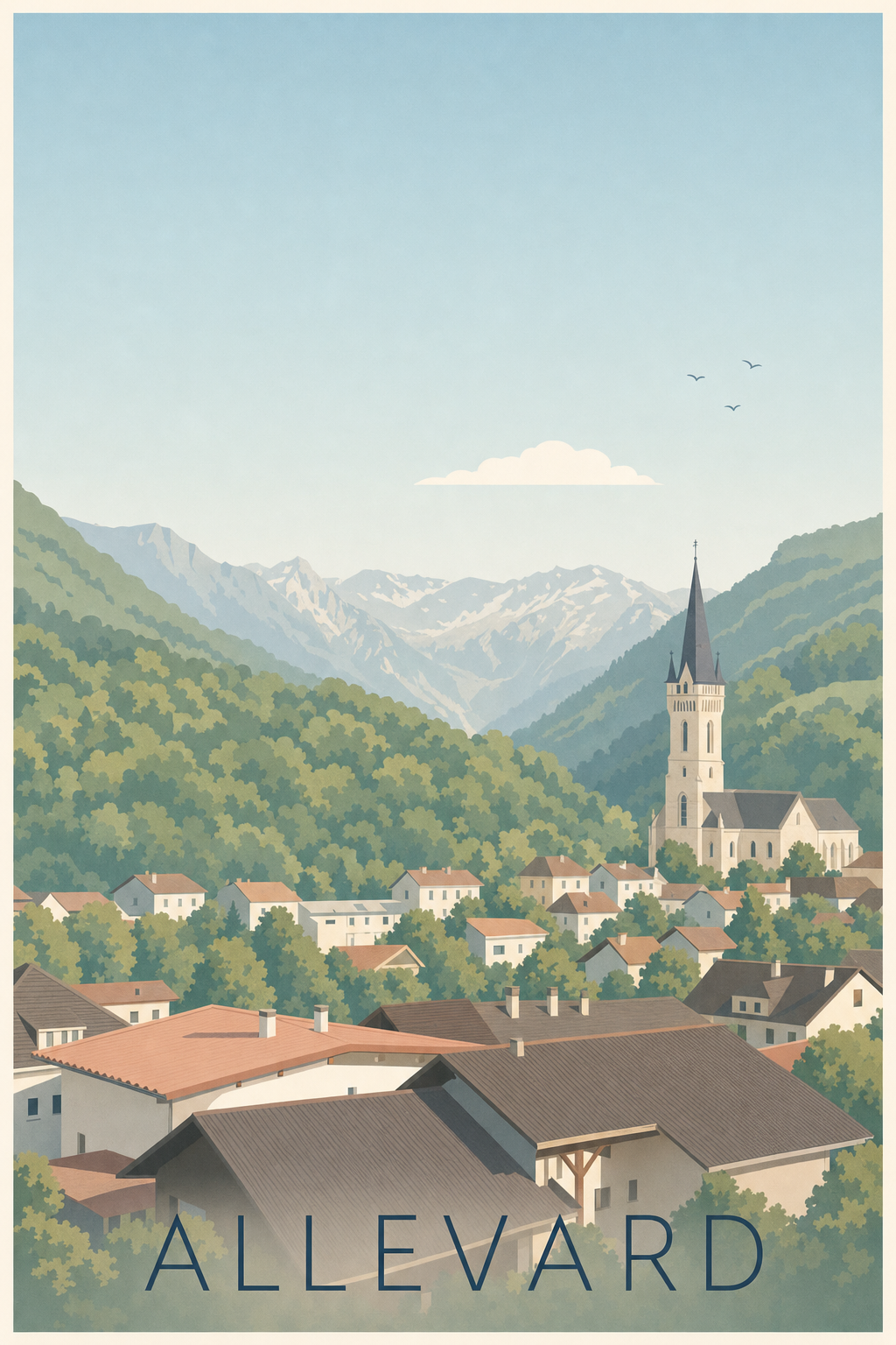 Affiche d'Allevard, poster clocher et Alpes