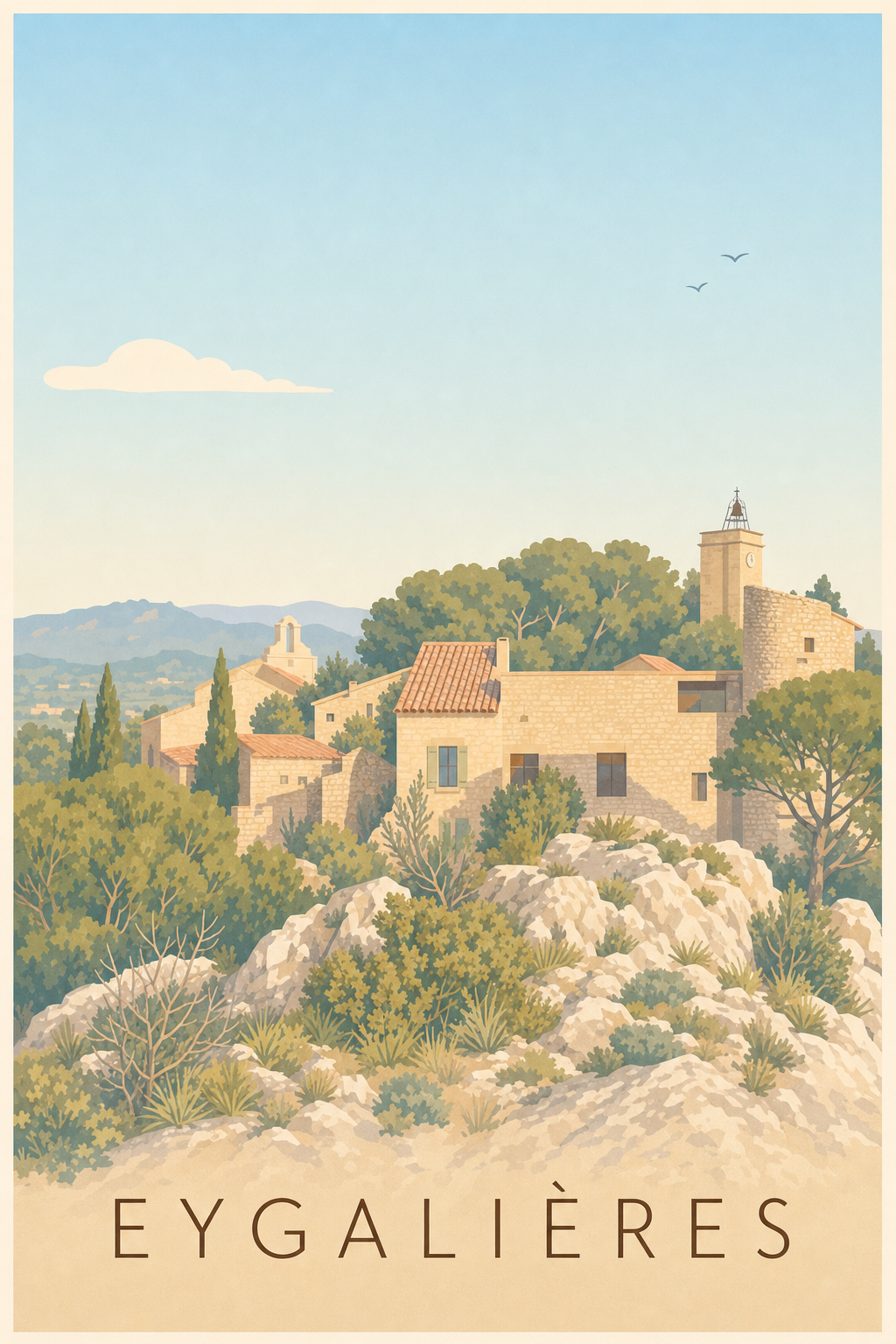 Affiche d'Eygalières, poster maisons en pierre