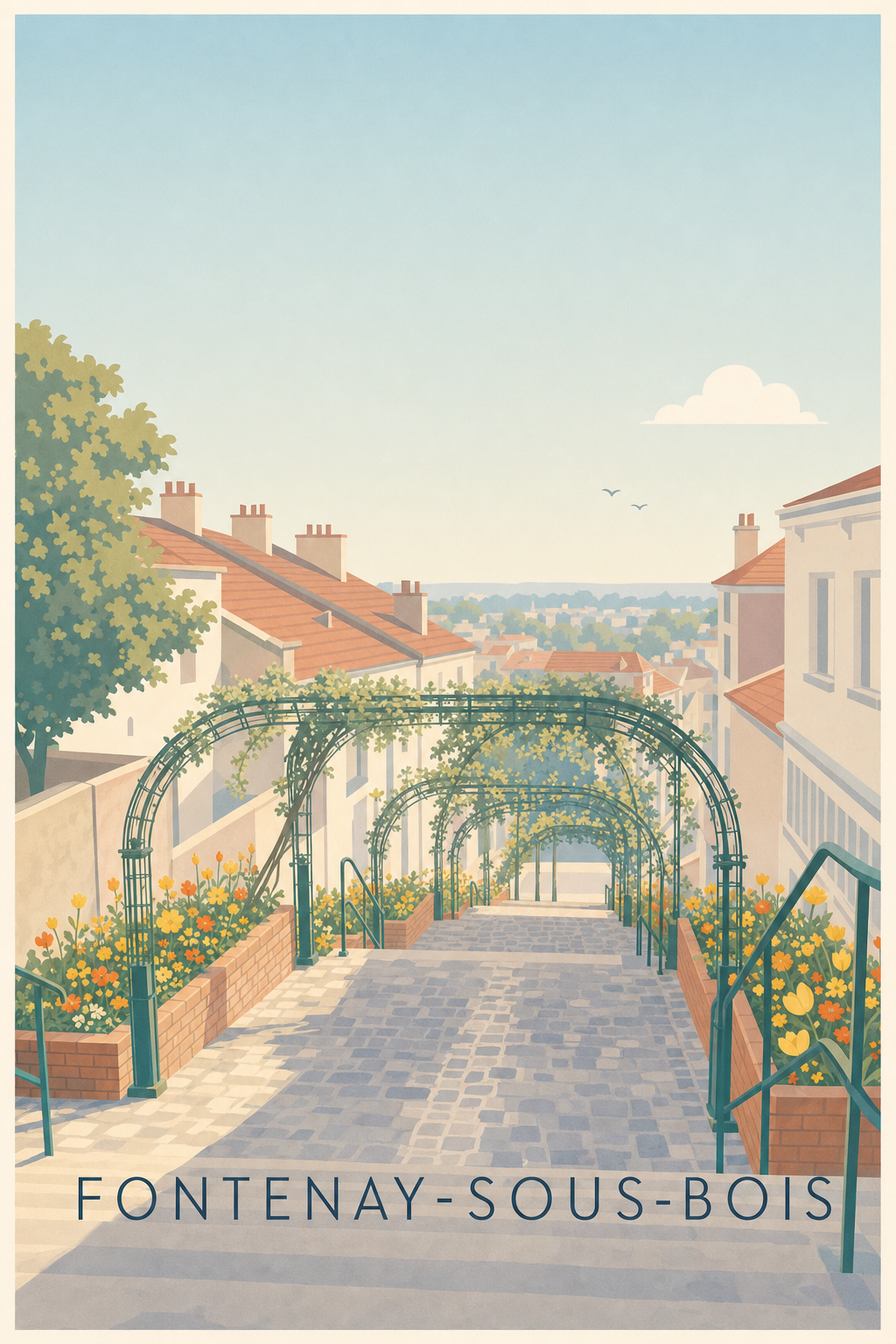 Affiche de Fontenay-sous-Bois, poster escaliers fleuris