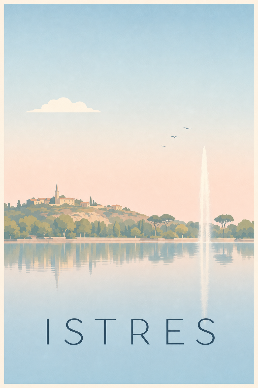 Affiche d'Istres, poster jet d'eau sur l'étang