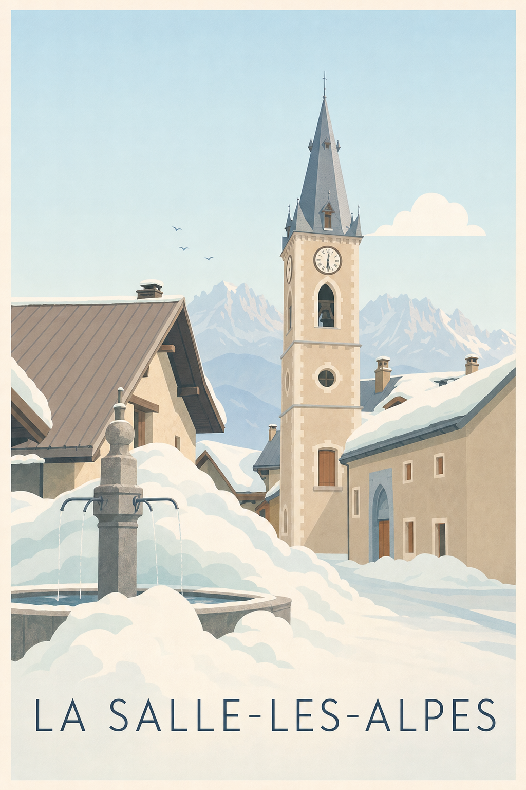 Affiche La Salle-les-Alpes, poster clocher et montagne