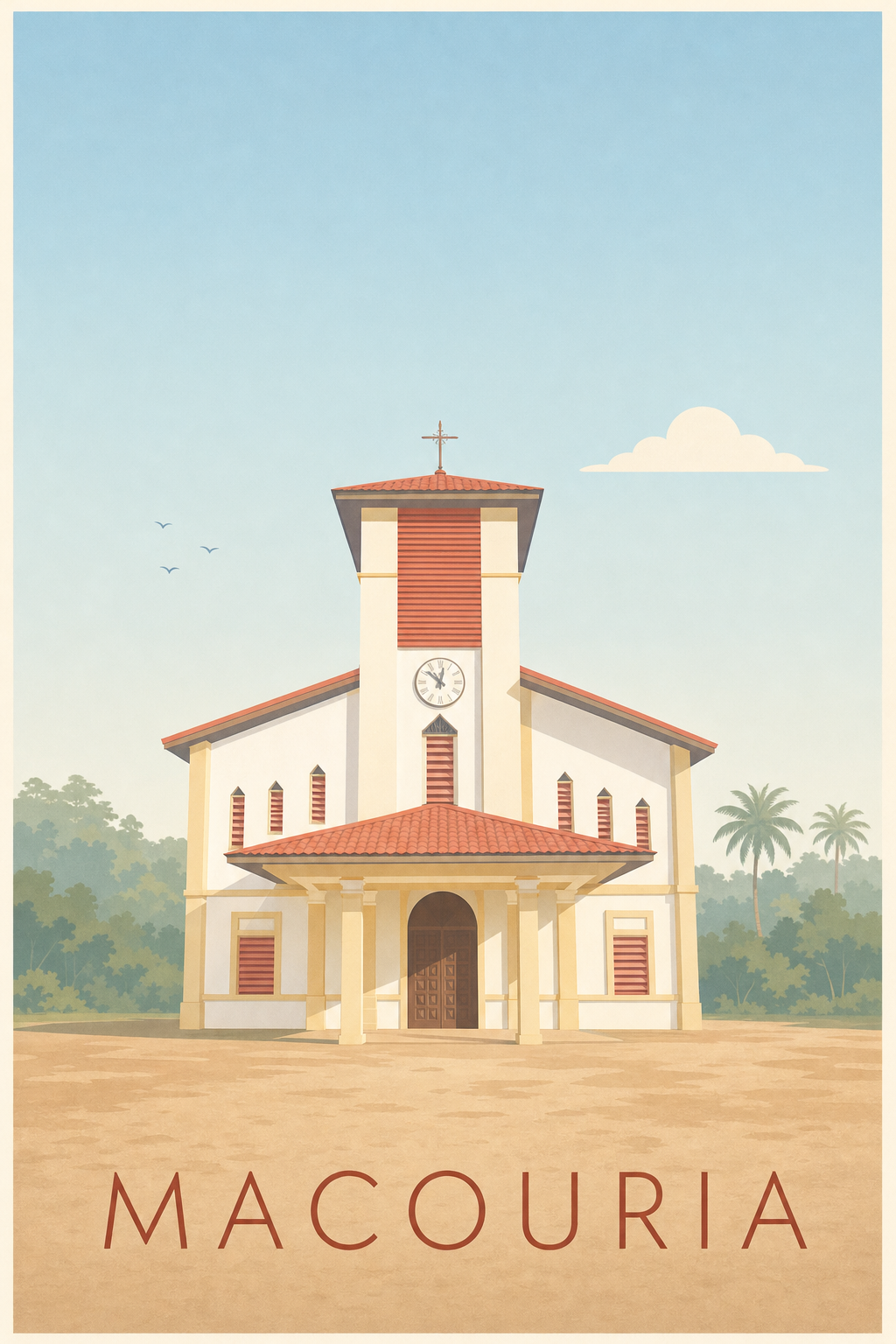 Affiche de Macouria, poster église et palmiers