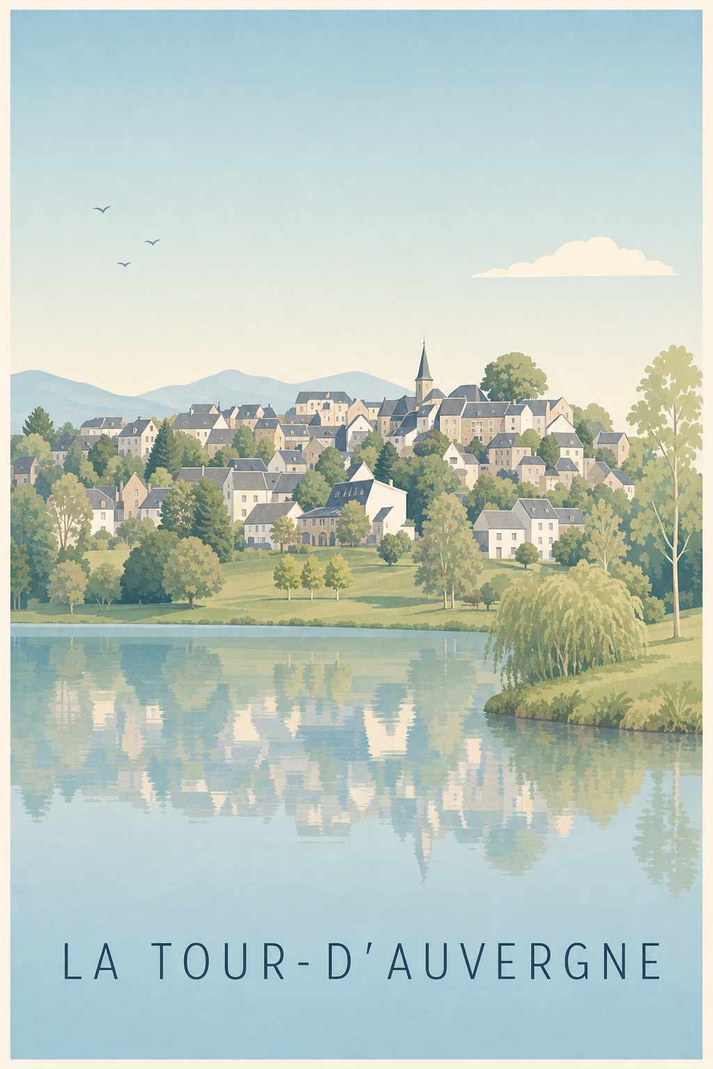 Affiche de La Tour-d'Auvergne, poster village et lac
