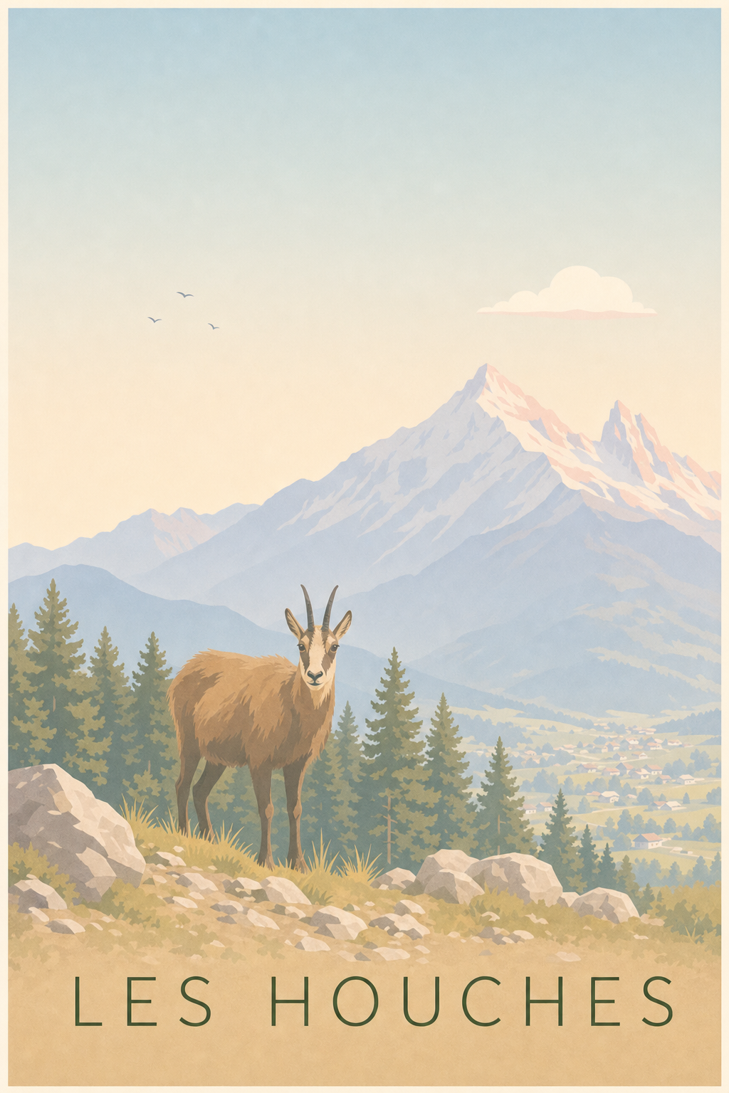 Poster des Houches, affiche chamois en montagne