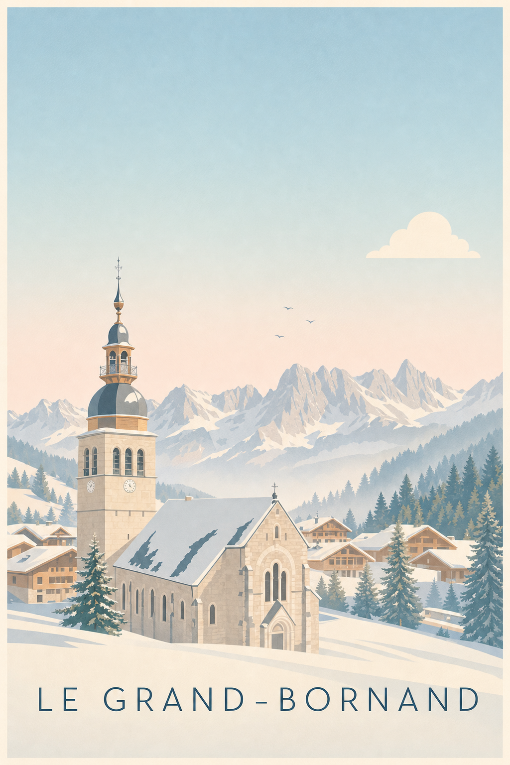 Affiche du Grand-Bornand, poster église sous la neige