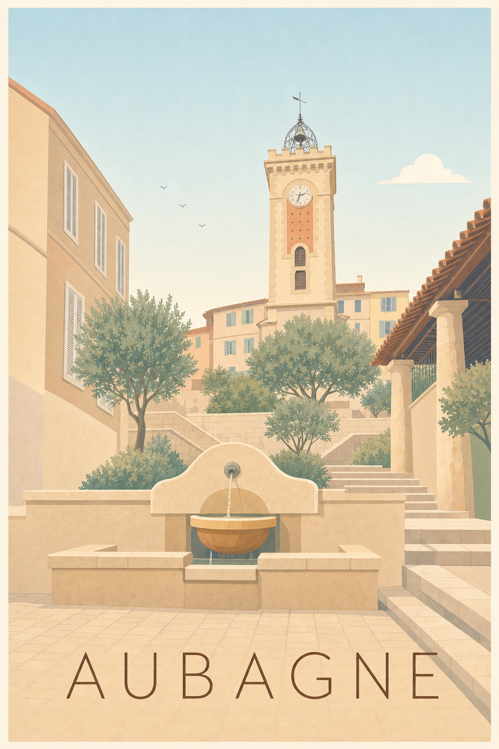 Affiche d'Aubagne, poster clocher et fontaine