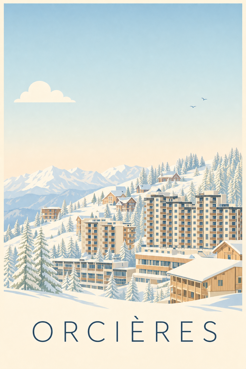 Affiche d'Orcières, poster chalets enneigés