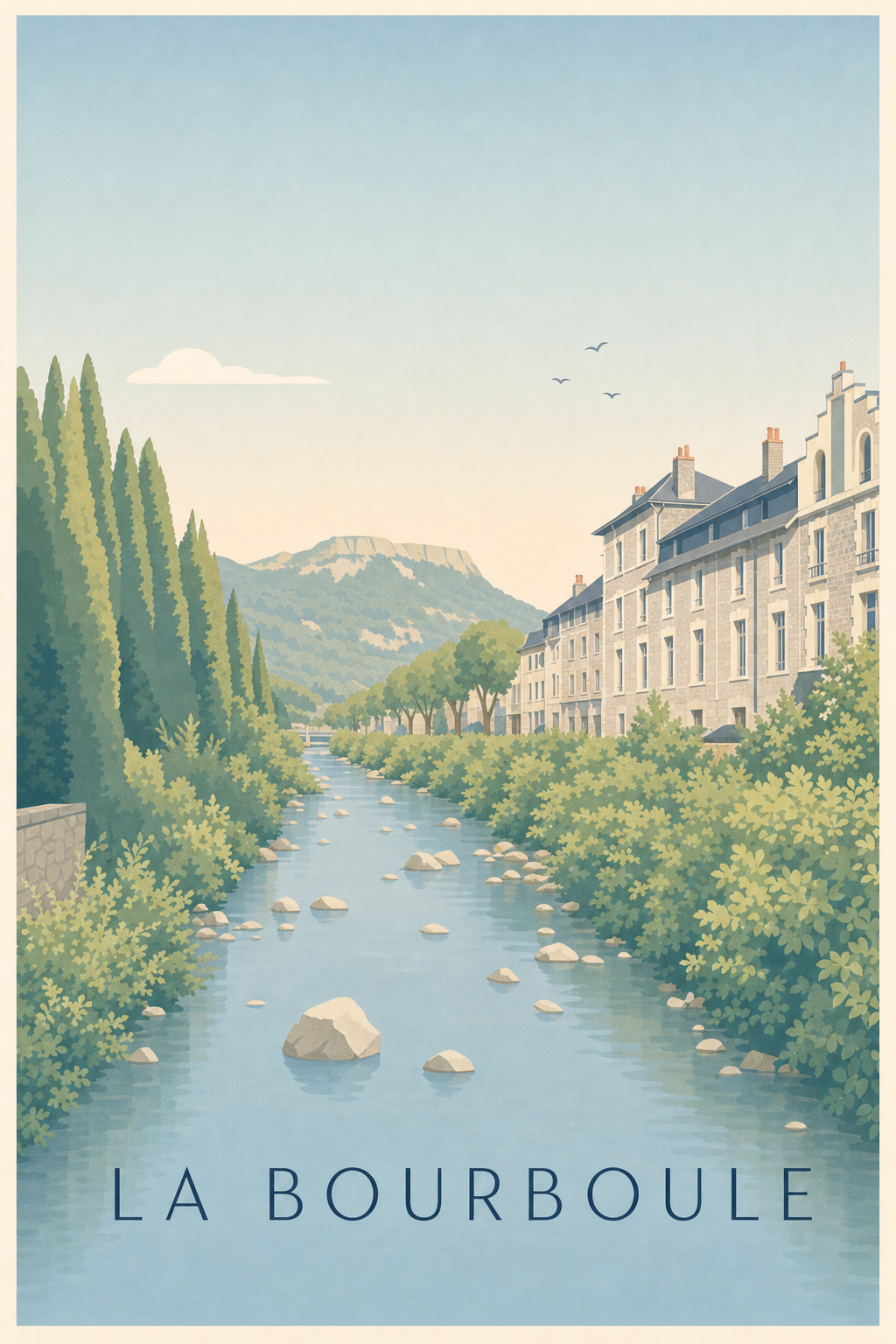 Affiche de La Bourboule, poster rivière et montagnes