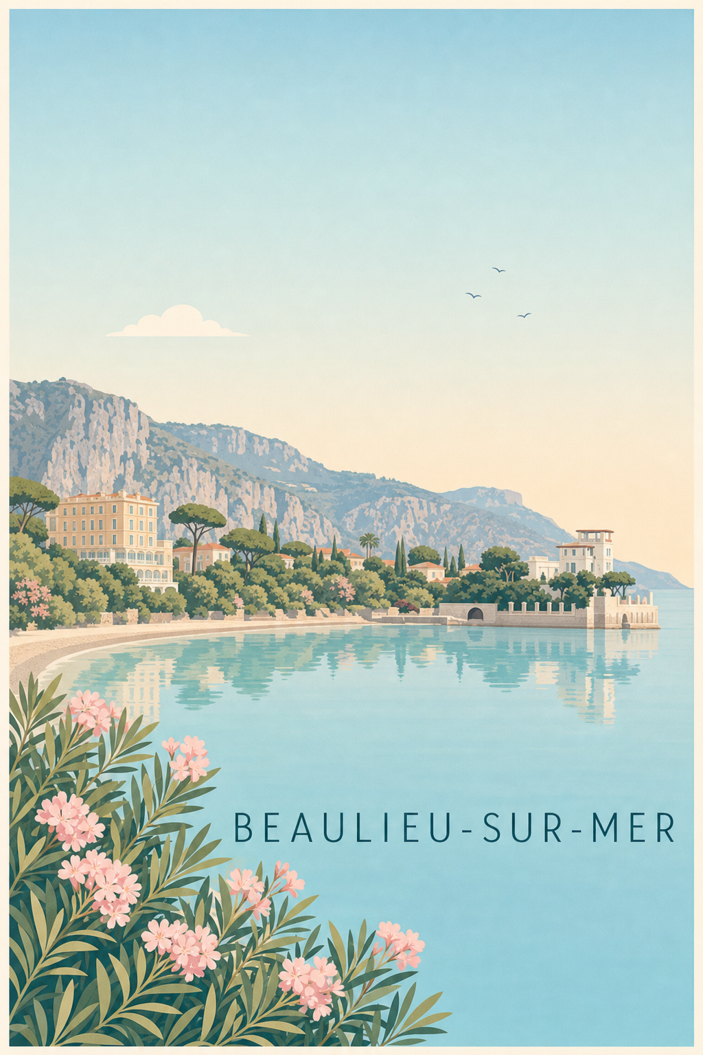 Affiche Beaulieu-sur-Mer, poster baie et montagnes