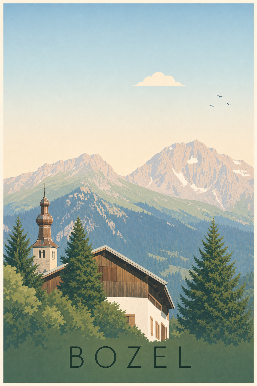 Affiche de Bozel, poster clocher à bulbe