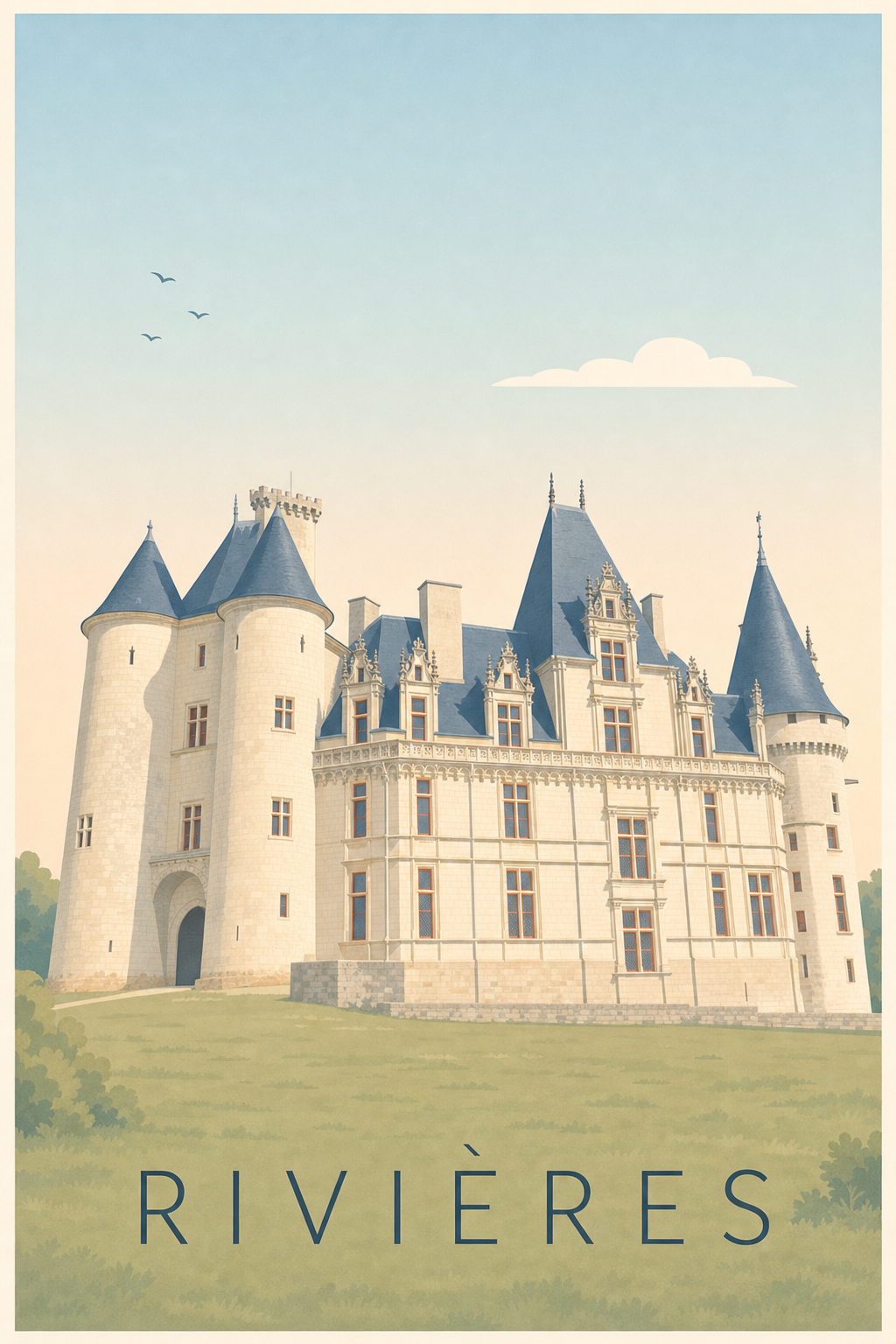 Affiche de Rivières, poster château et toits bleus