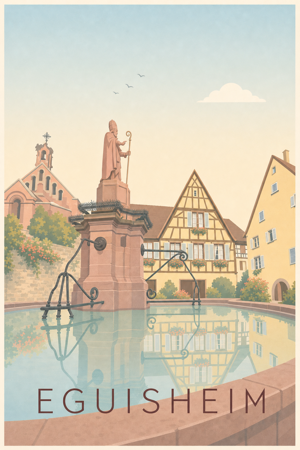 Affiche d'Eguisheim, poster de la fontaine Saint-Léon