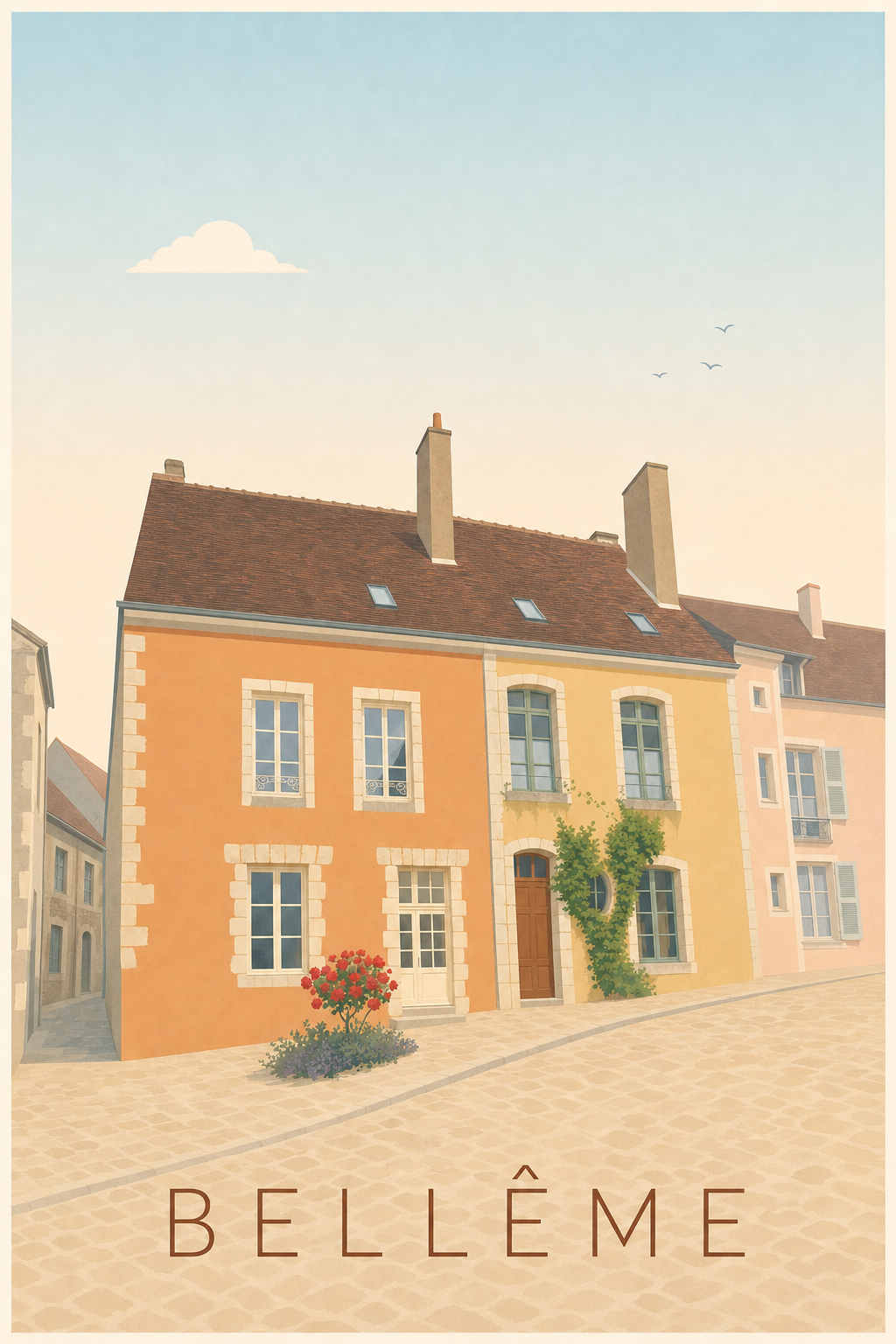 Affiche de Bellême, poster façades colorées