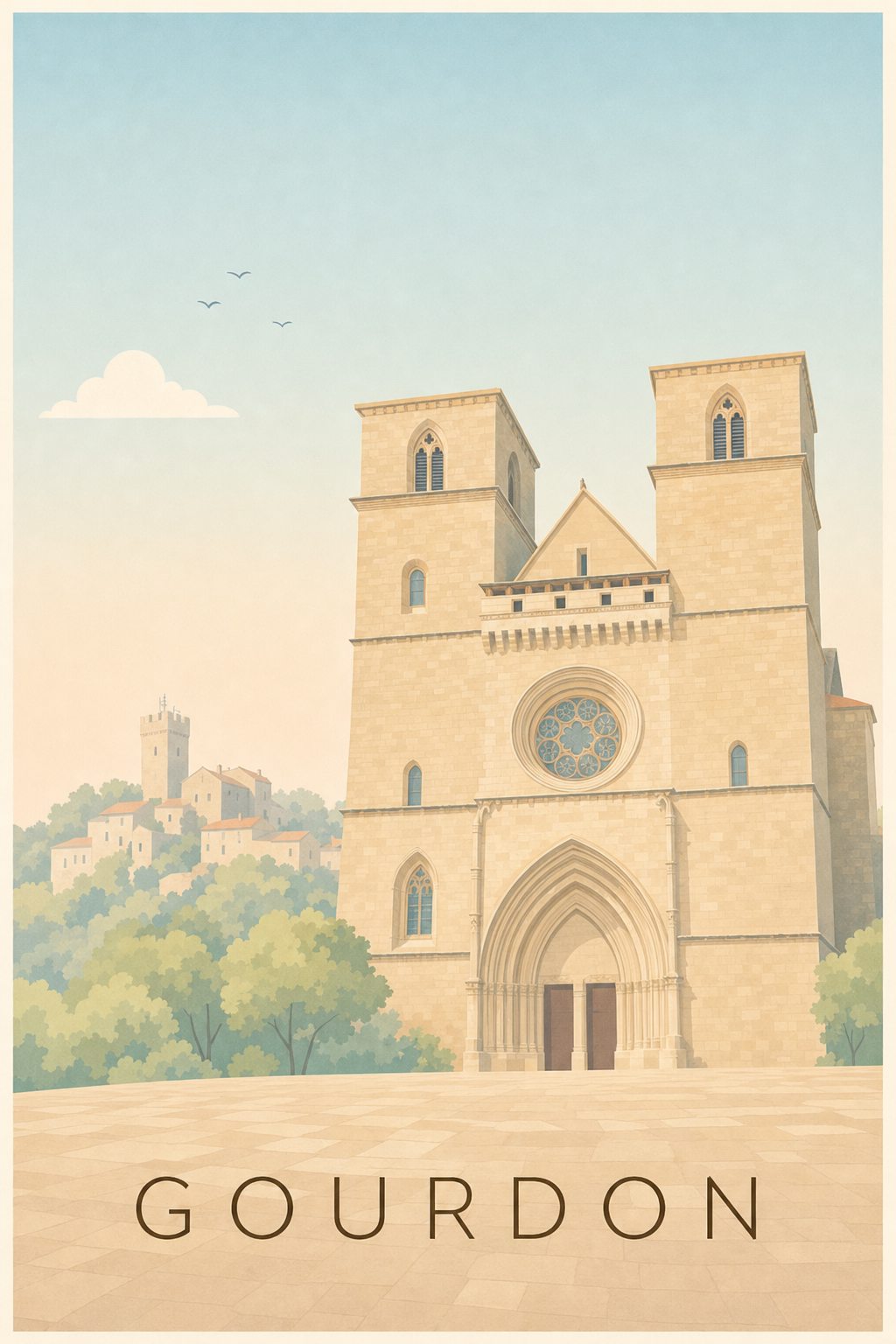 Affiche de Gourdon, poster église médiévale