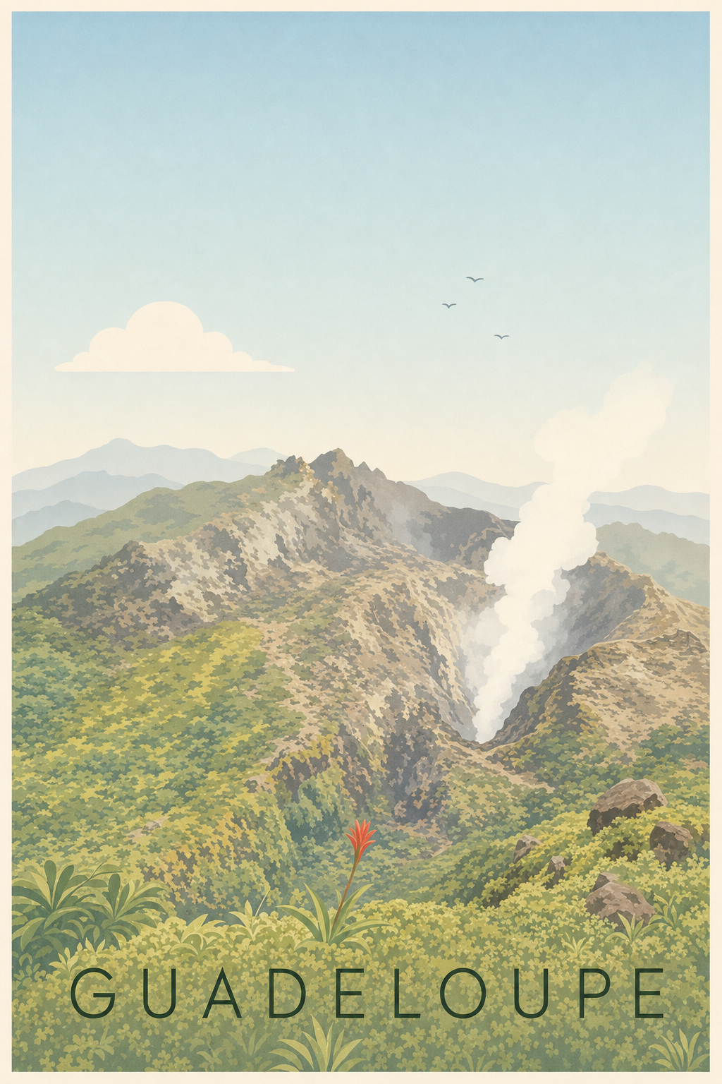 Affiche de la Guadeloupe, poster volcan calme