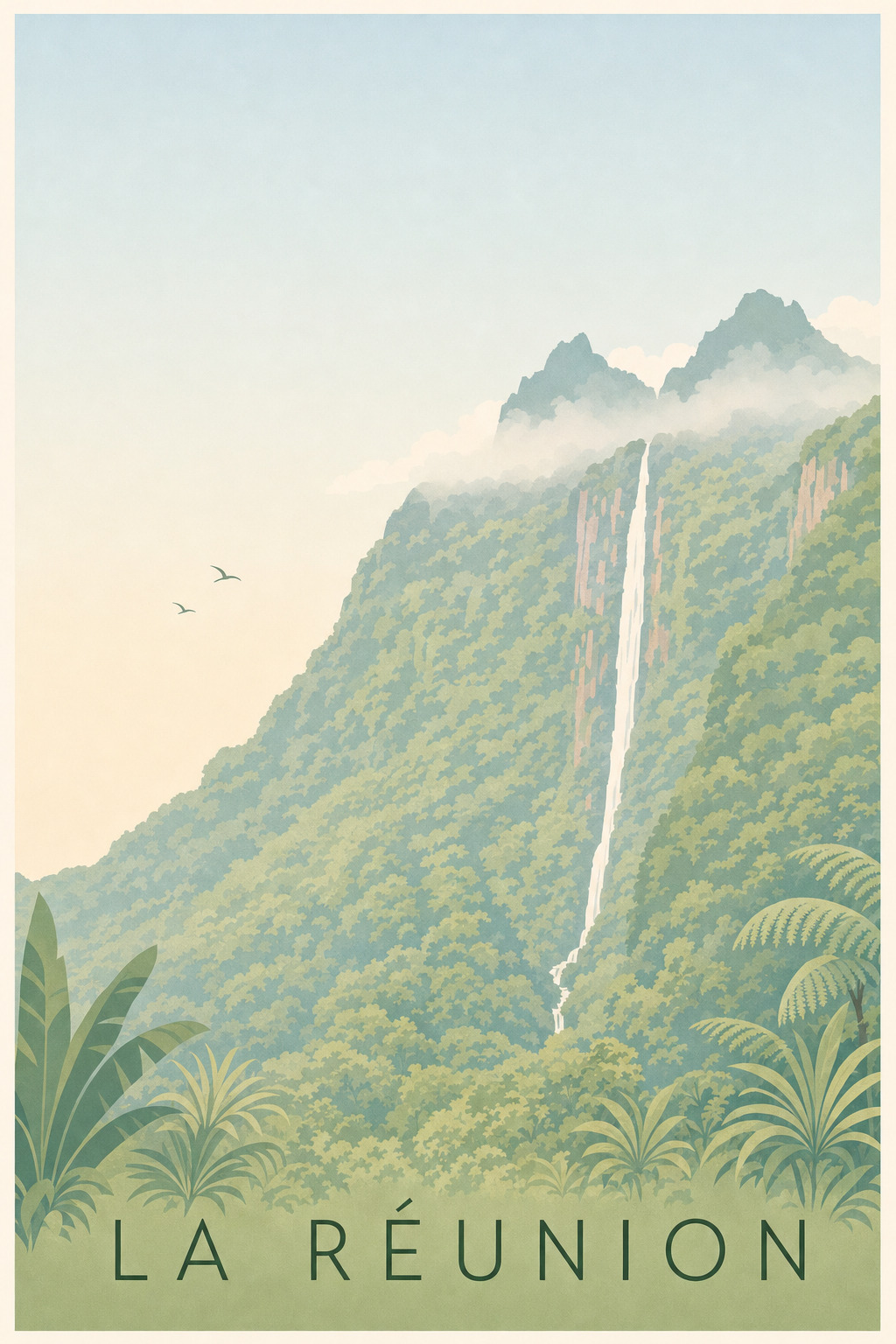 Affiche de La Réunion, poster cascade tropicale