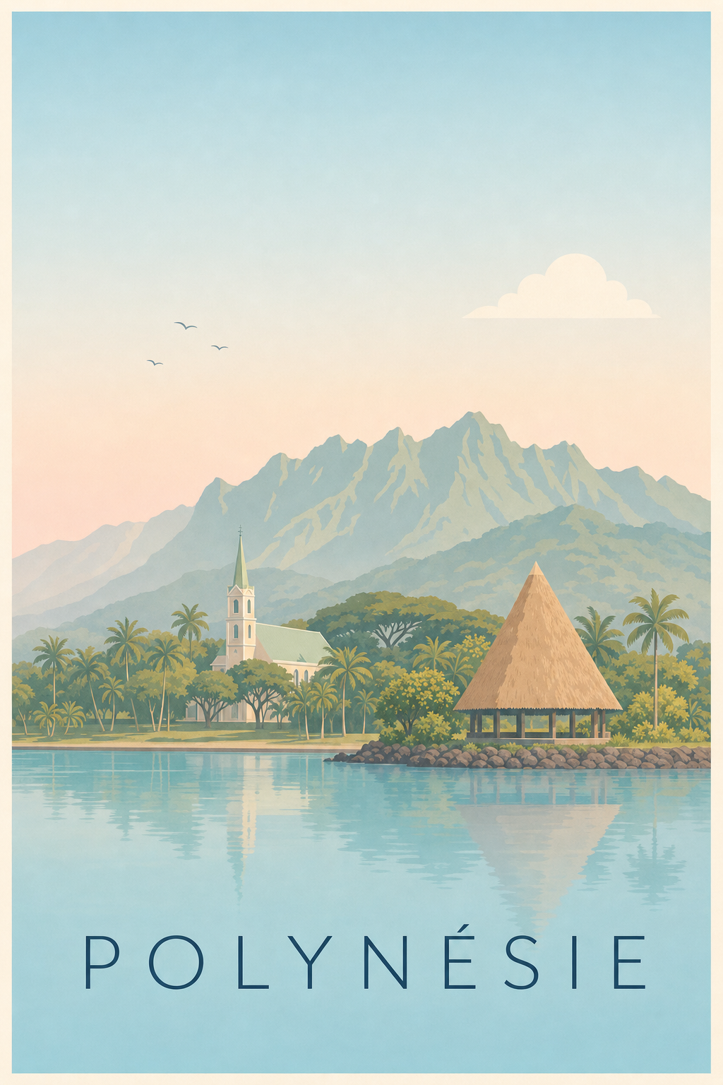 Affiche de Polynésie, poster montagnes et lagon