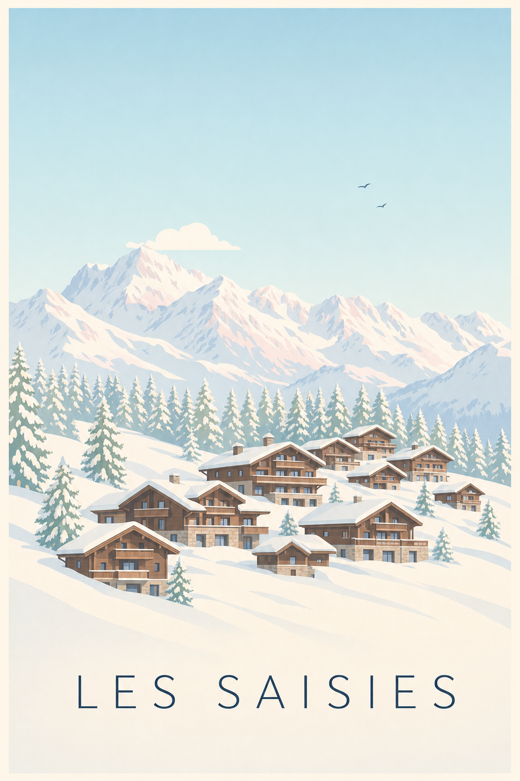 Affiche des Saisies, poster chalets de montagne