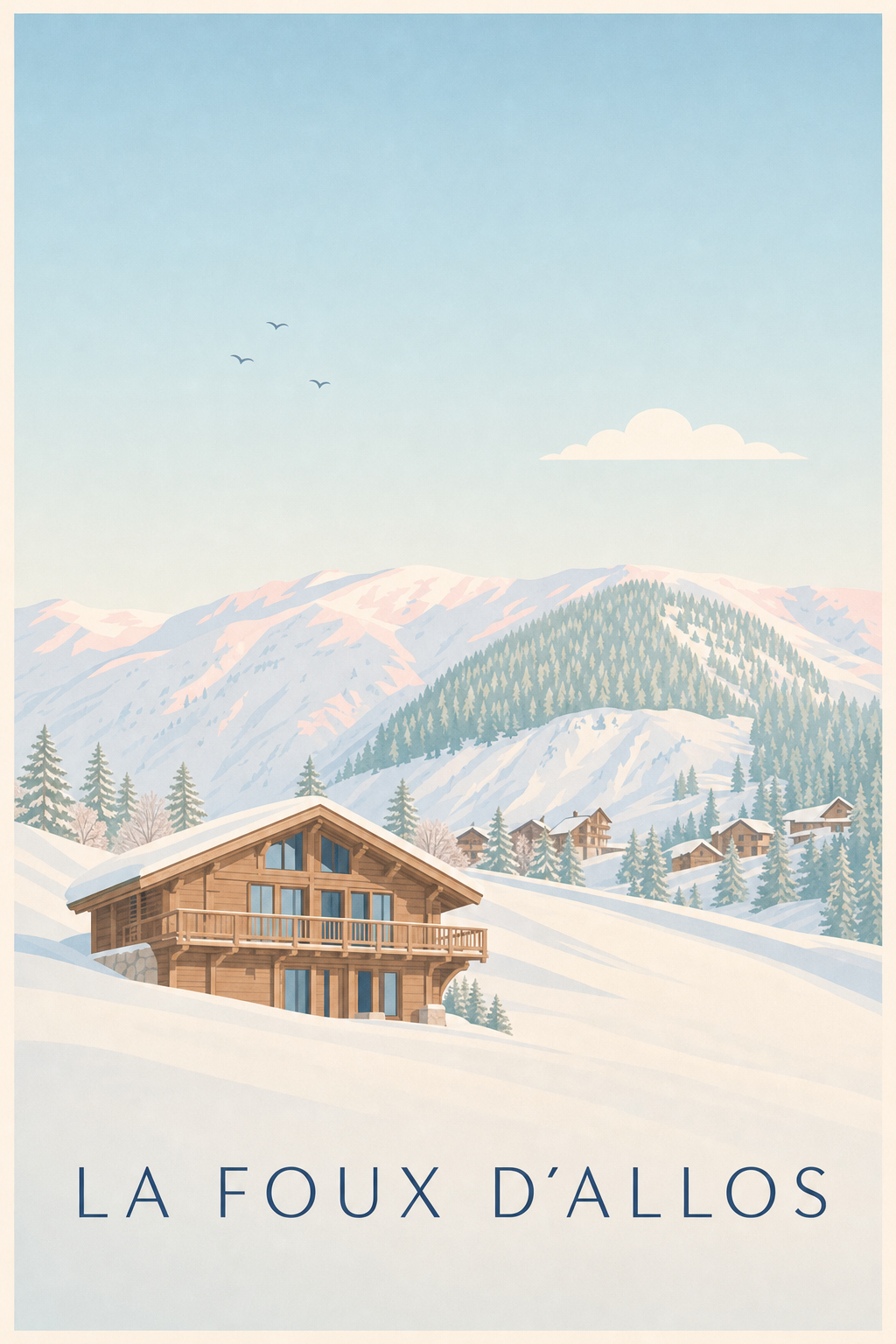Affiche de La Foux d'Allos, poster chalet de montagne