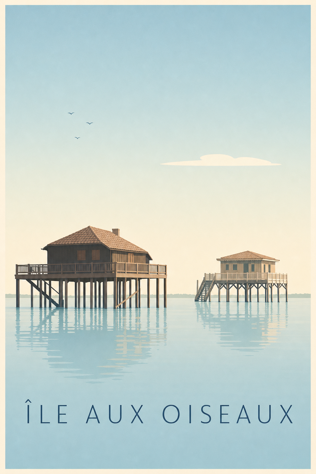 Affiche de l'Île aux Oiseaux, cabanes tchanquées