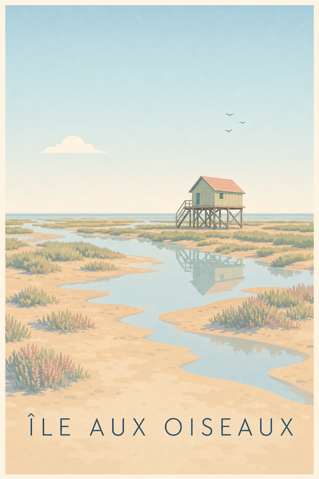 Affiche de l'Île aux Oiseaux, poster cabane tchanquée