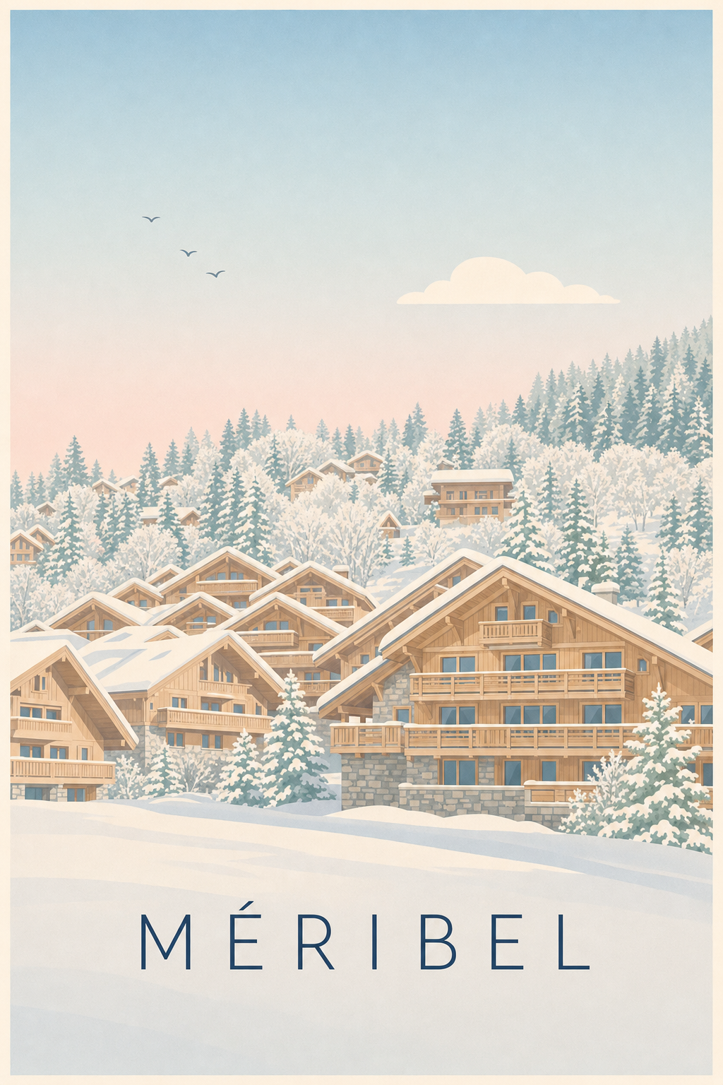 Affiche de Méribel, poster chalets sous la neige