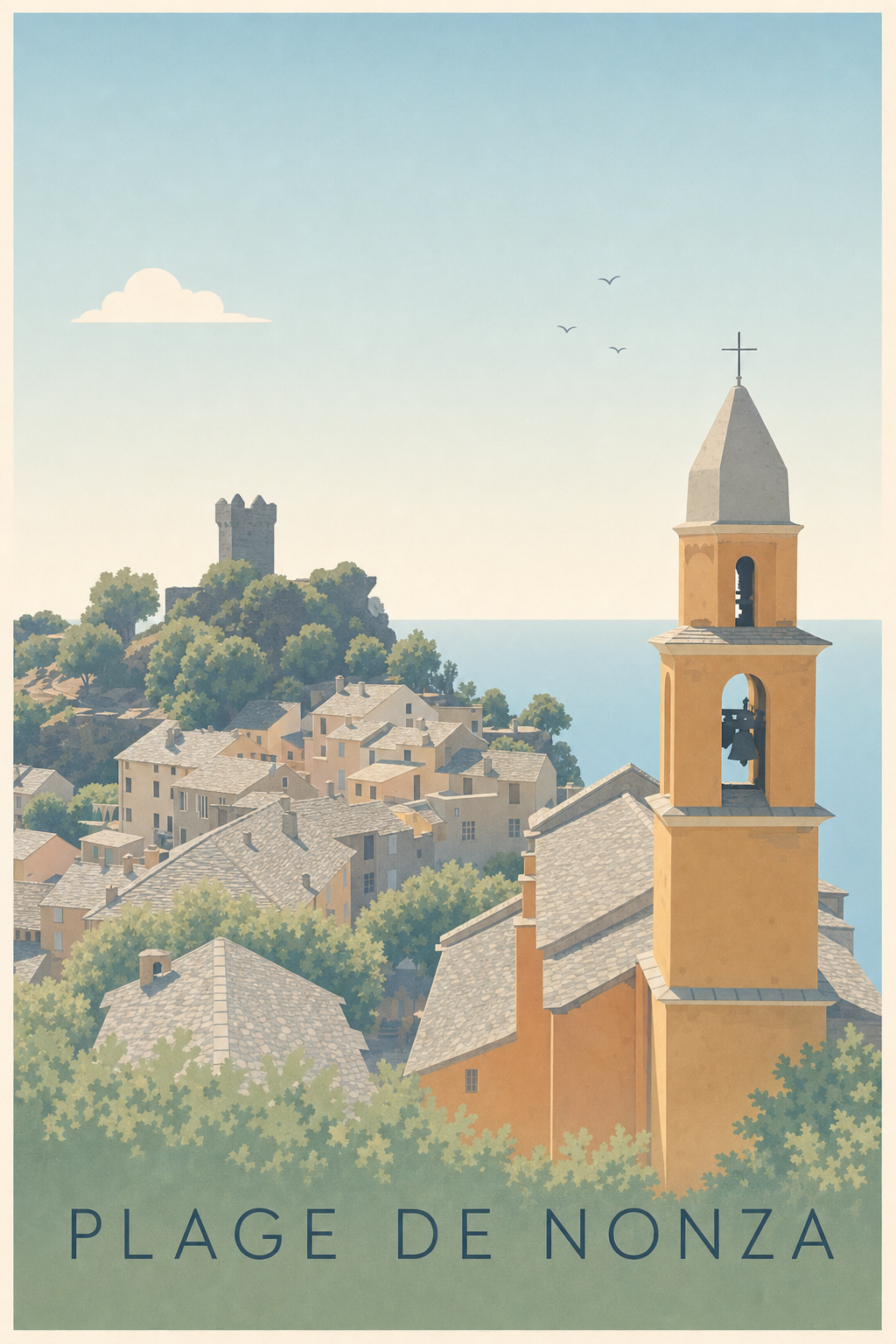 Affiche de la Plage de Nonza, poster village corse