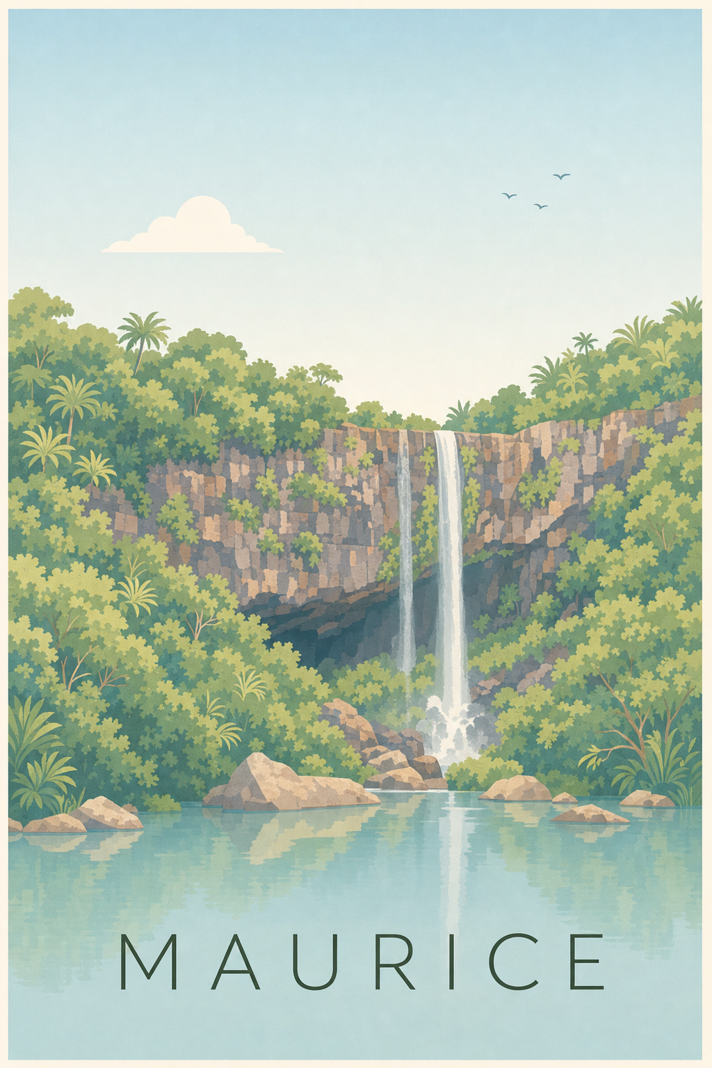 Affiche Maurice, poster cascade tropicale
