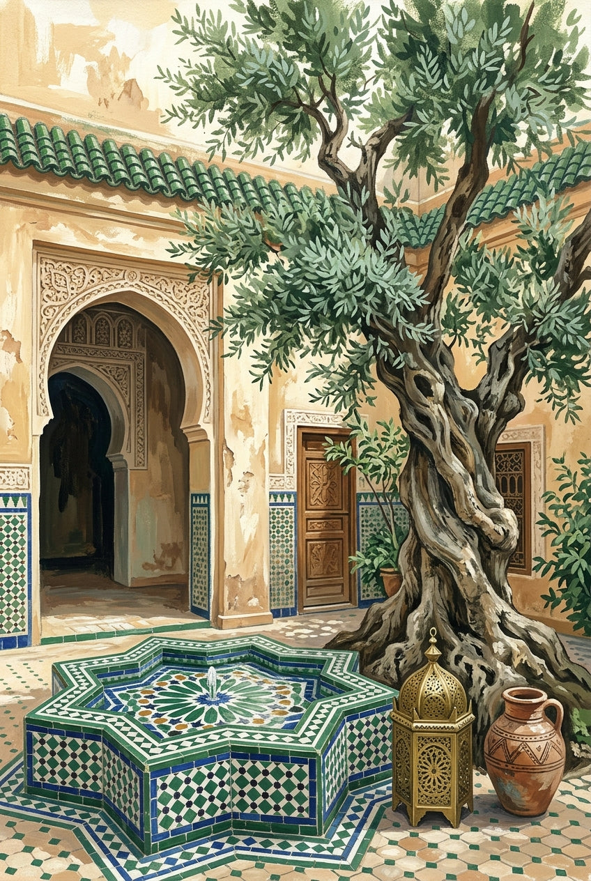 Poster Riad marocain, affiche fontaine en zellige