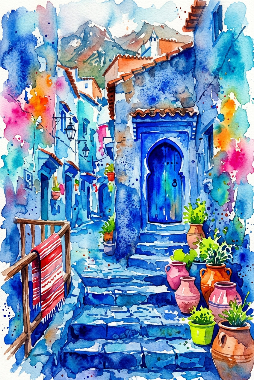 Poster de Chefchaouen, ruelles bleues et poteries du Maroc