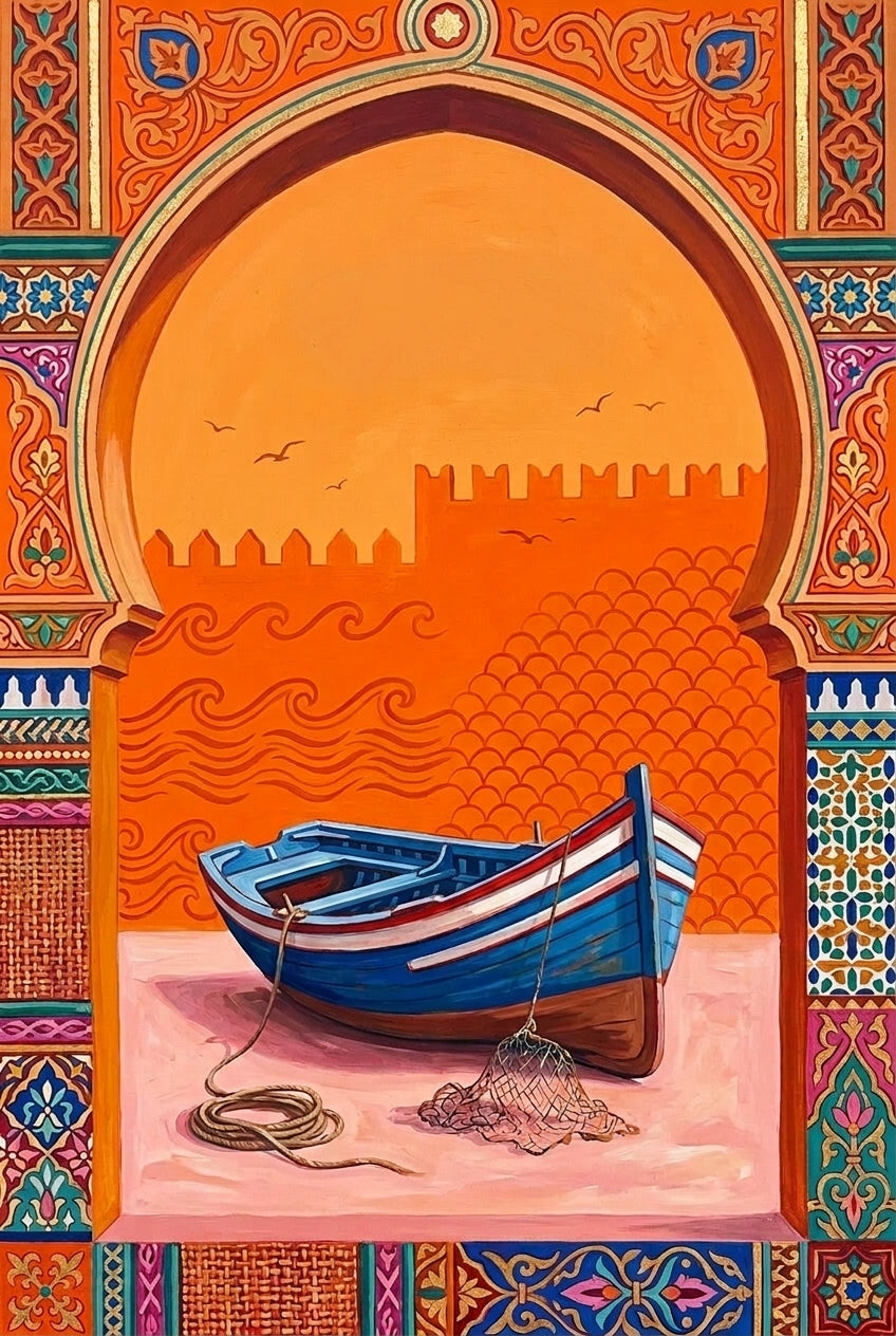 Affiche du Maroc, barque bleue et motifs géométriques