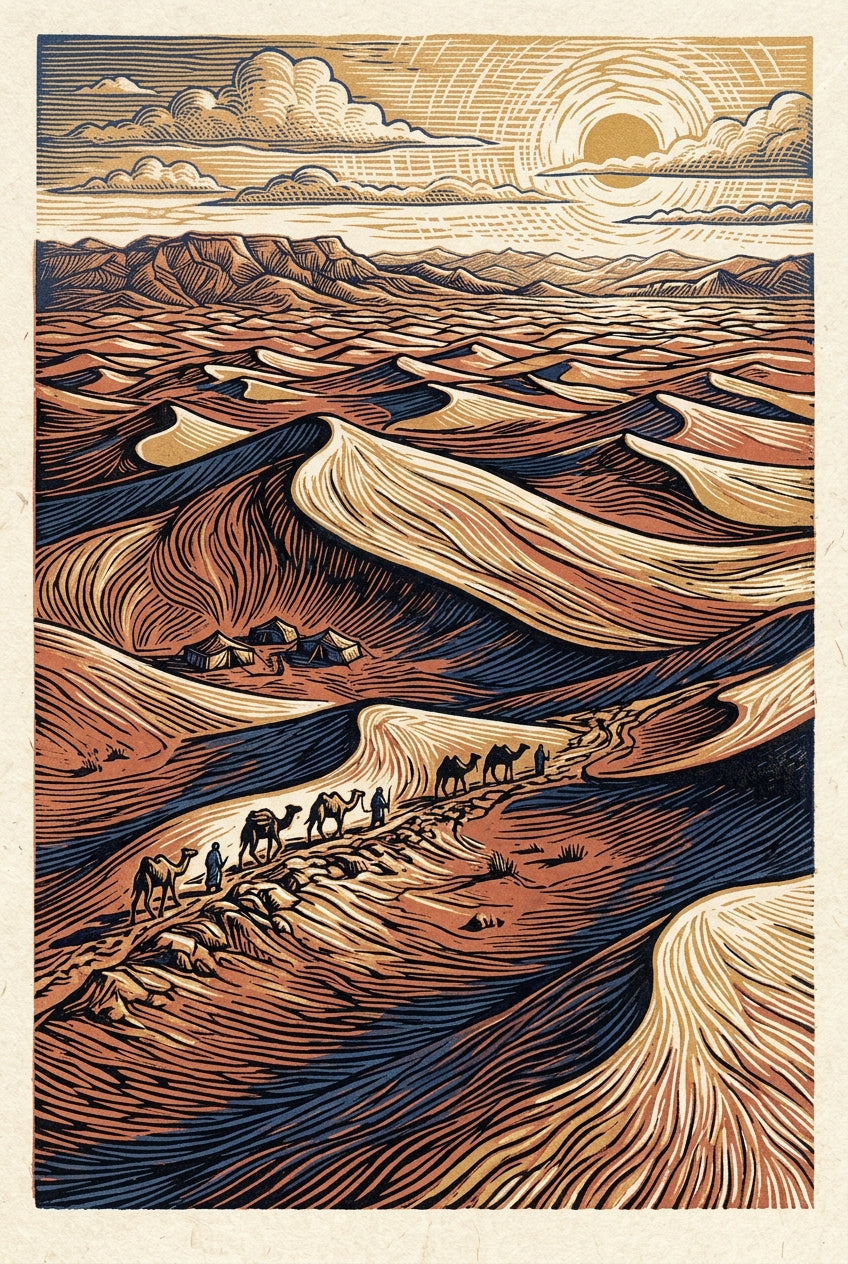 Poster du Désert Marocain, affiche caravane de chameaux