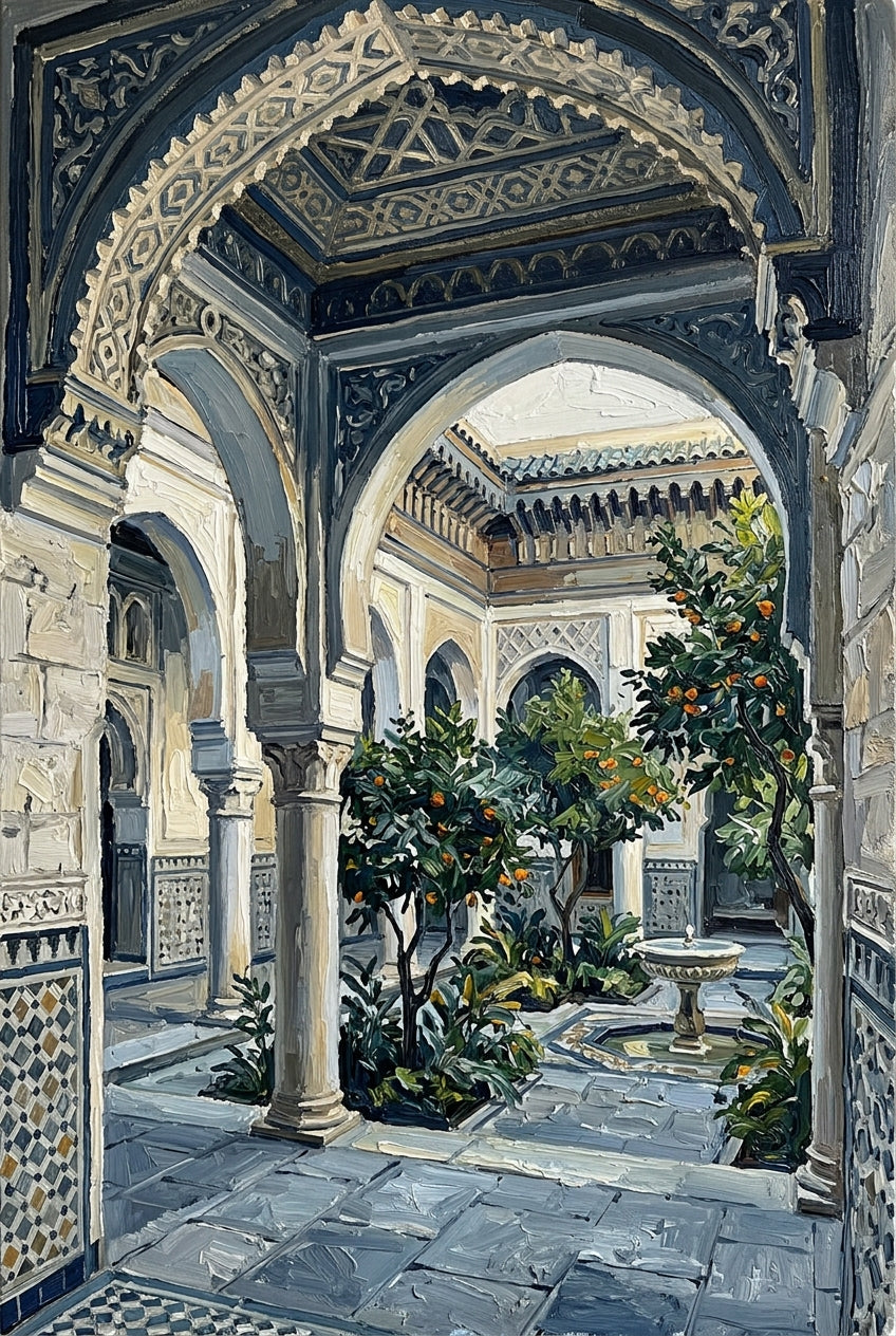 Poster Riad marocain, orangers et fontaine