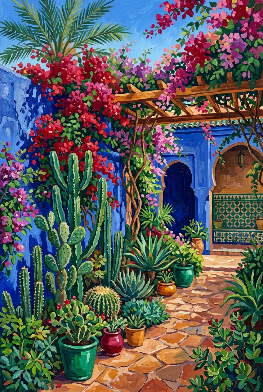Poster du jardin de Marrakech, affiche murs bleus