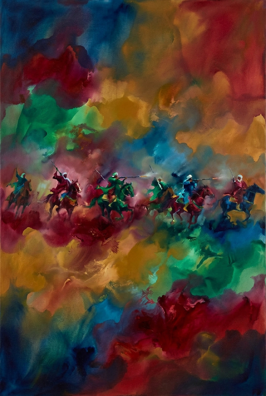 Poster Fantasia marocaine, cavaliers au galop en mouvement